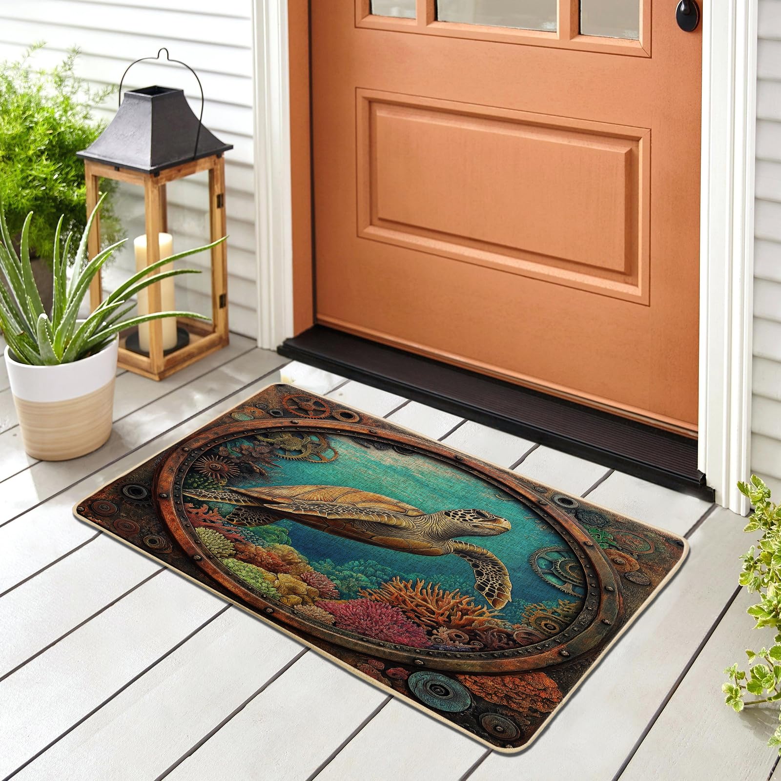 Paillasson noir tortue de mer tapis de sol antidérapant vintage ocean 73x43 cm