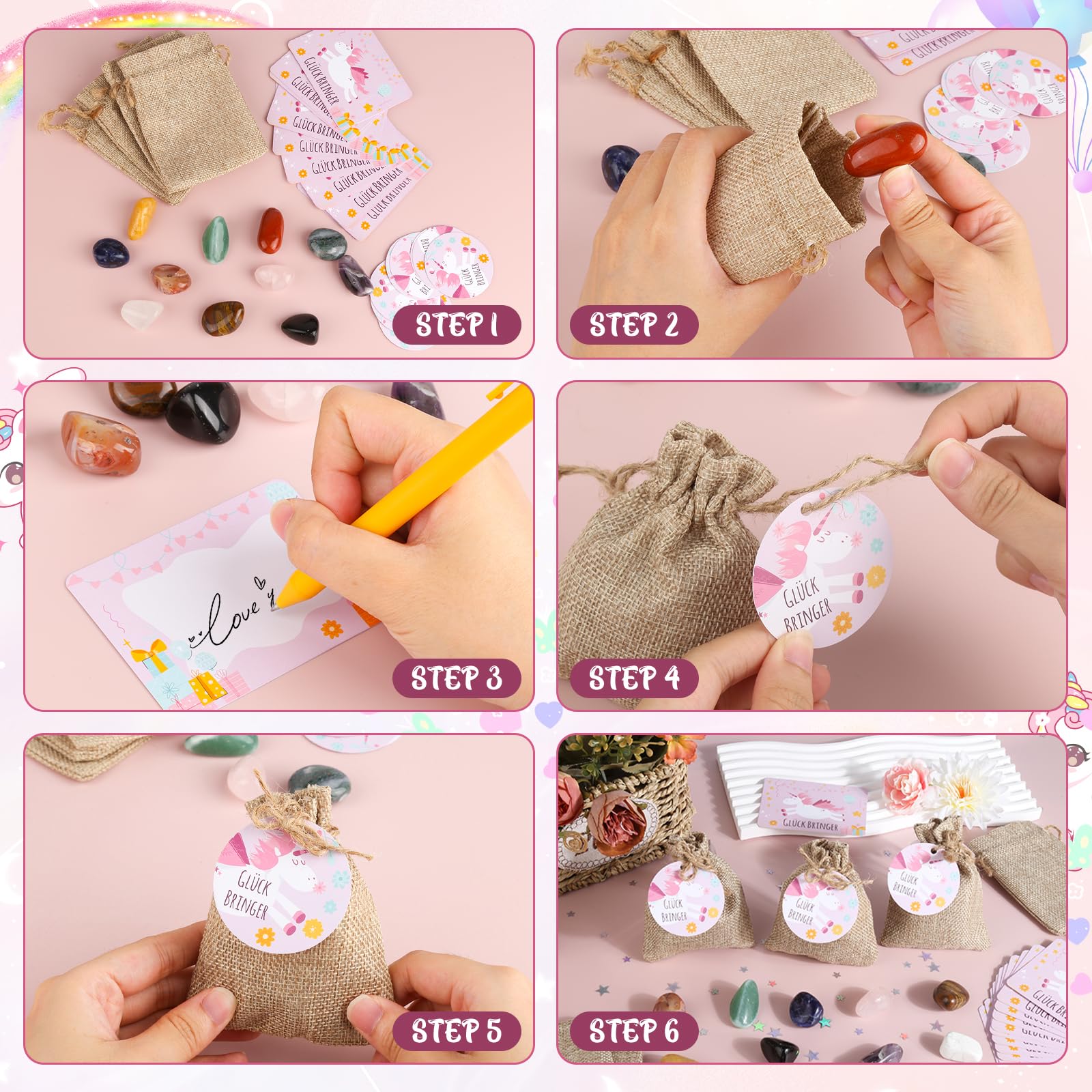 12 Pietre Portafortuna Colorate Per Bambini - Con Sacchetti E Biglietti - Idee Regalo Glück Bringer - 2