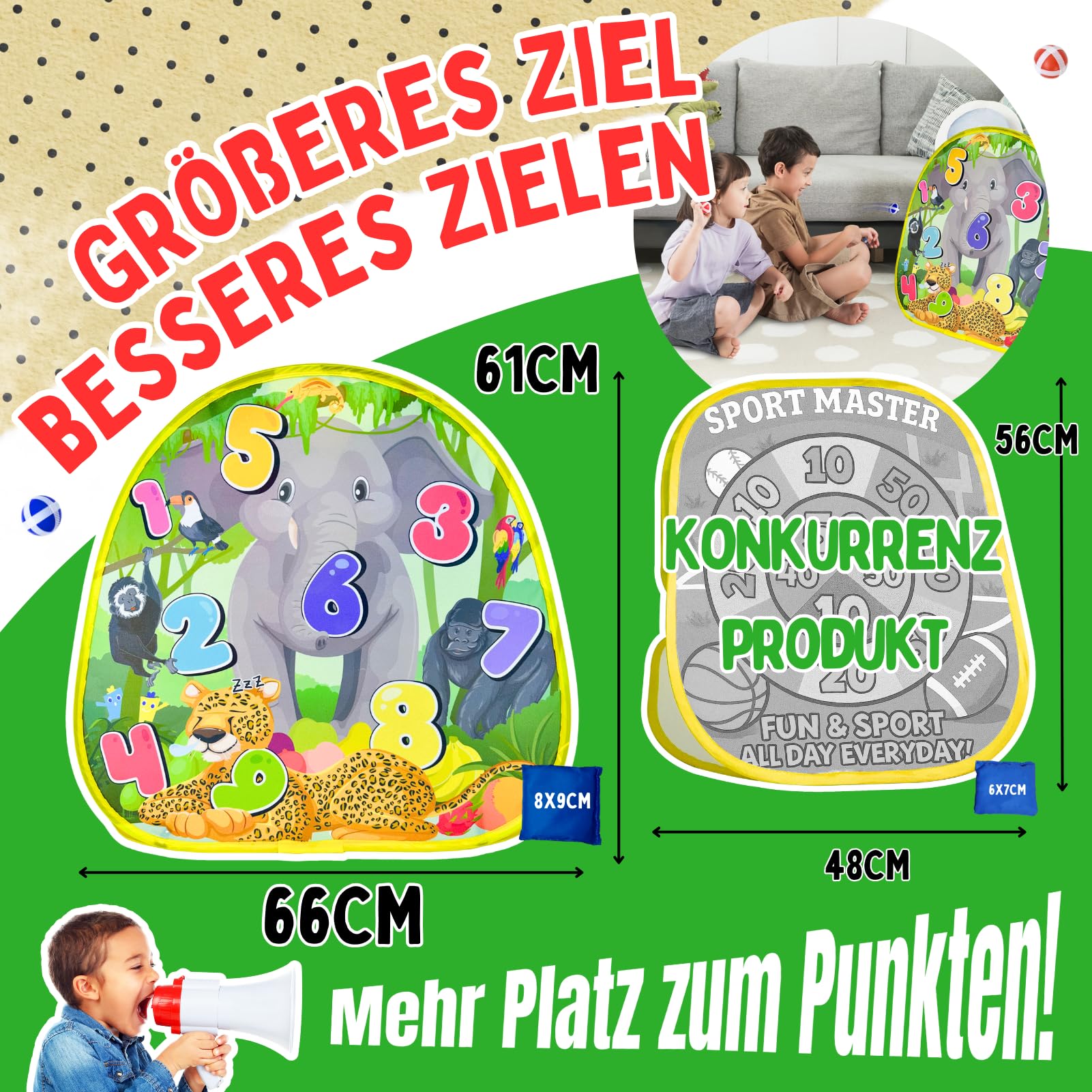 2-in-1 Dinosaurier & Tier Wurfspiel – Beidseitige 27"-Zieltafel mit 6 Beanbags – Indoor & Outdoor Spielzeug für Kinder ab 3 Jahren Exklusiv bei Amazon