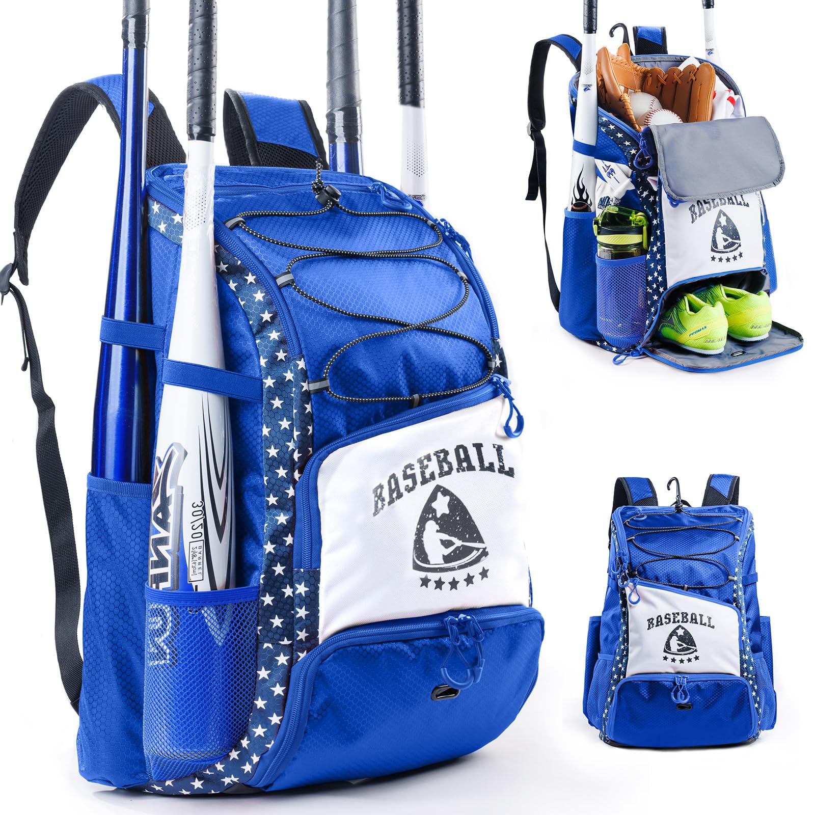 VIGEGARI Baseball Bag for Youth & Adult with 4 Bat Sleeves - Softball Bat Bag with Shoe Compartment - Baseball Backpack for T-Ball, Softball Equipment