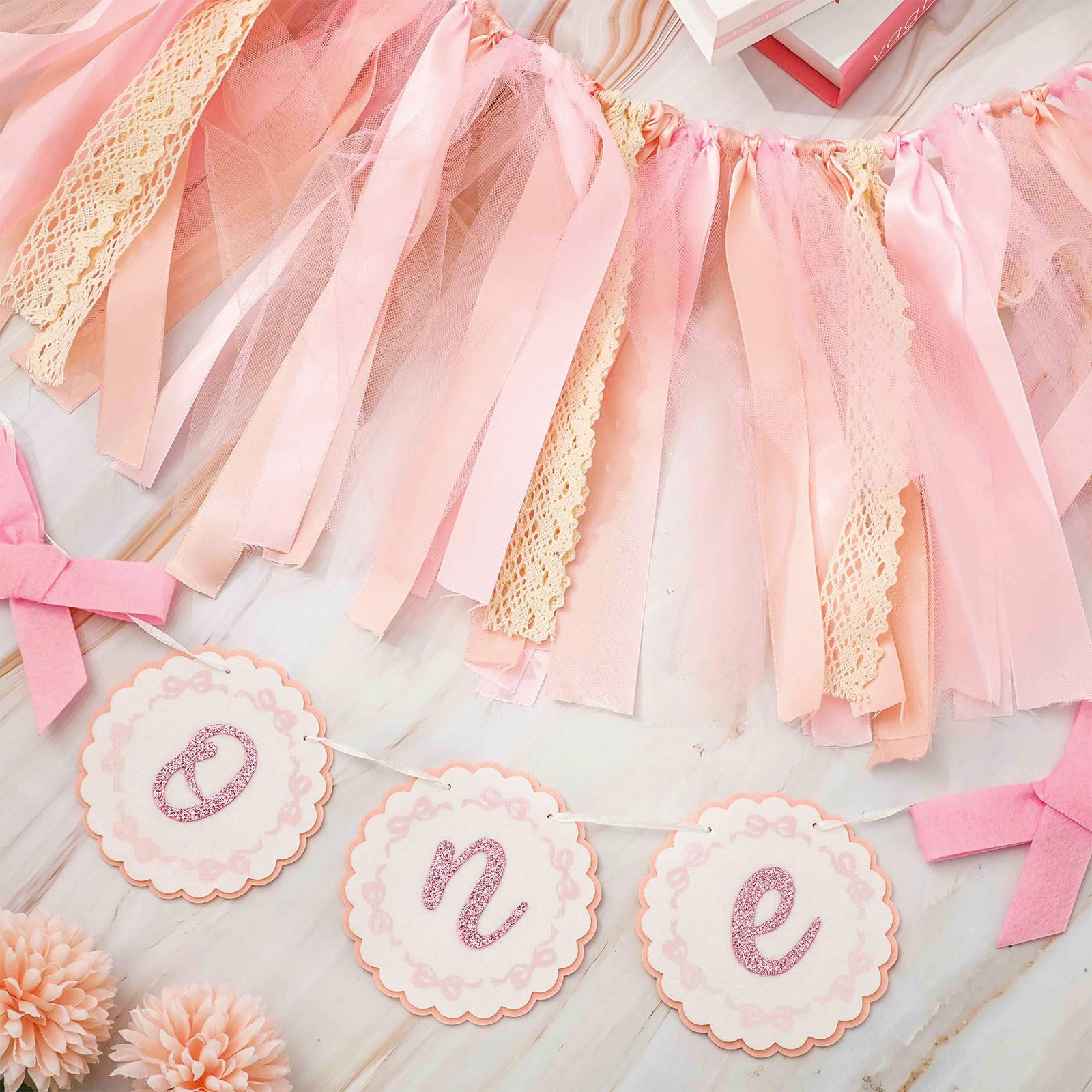 Rosa Schleifen Hochstuhl-Banner Für 1. Geburtstag – 198x20 Cm, Rosa-weiß Kariert, Mit Quasten, Für Mädchen-Partys