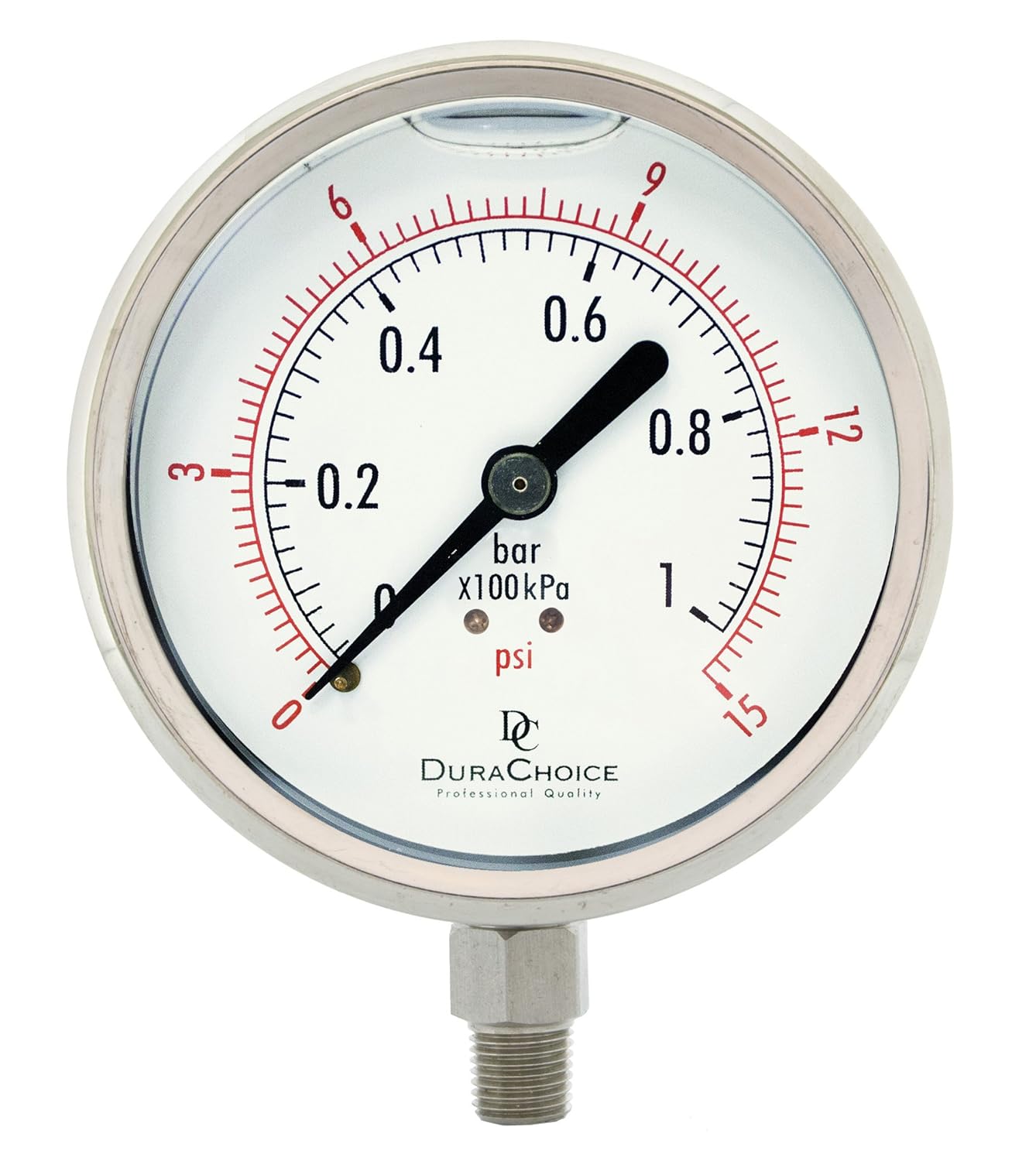 4" All Stainless Steel Oil Filled Pressure Gauge - 1/4" NPT Lower Mount 15PSI