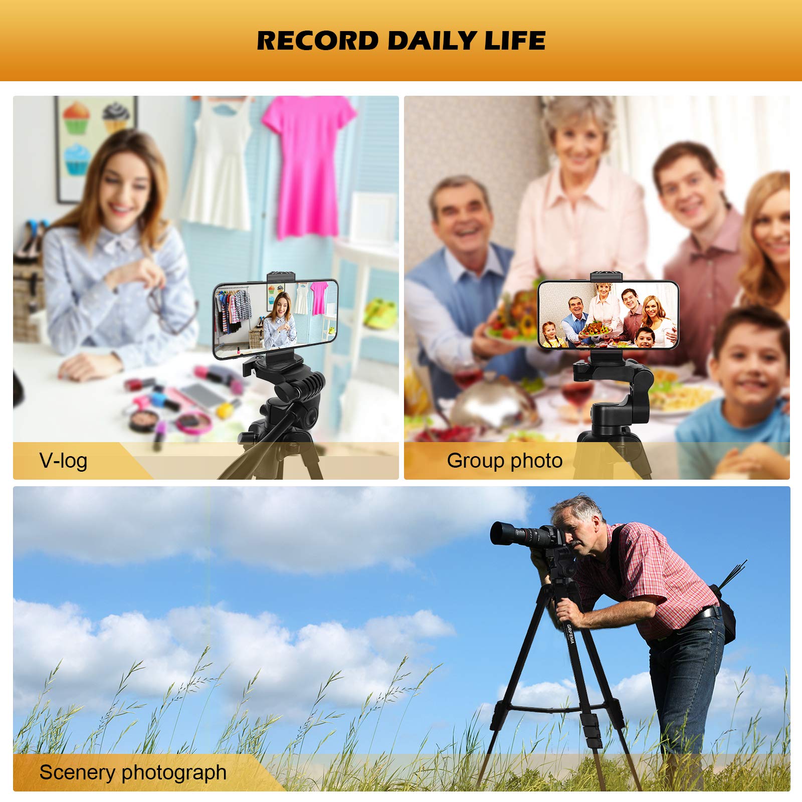 GRIFEMA Trepied Smartphone Pied Appareil Photo Pliable, 55”/140cm Alluminio Trepied Telephone avec Télécommande bluetooth et Support de fixation, Compatible avec iPhone/Android/Appareil Photo, GB1001
