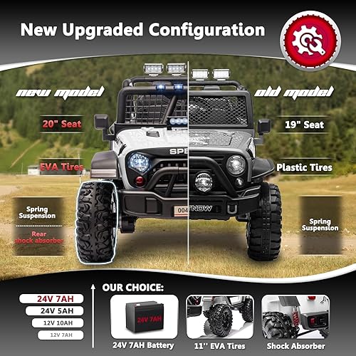 Miniatura 4 de Sopbost Camión de juguete de 24 V, 7 Ah, 2 plazas, para niños grandes, con control remoto, automóvil eléctrico todoterreno con amortiguador, luces