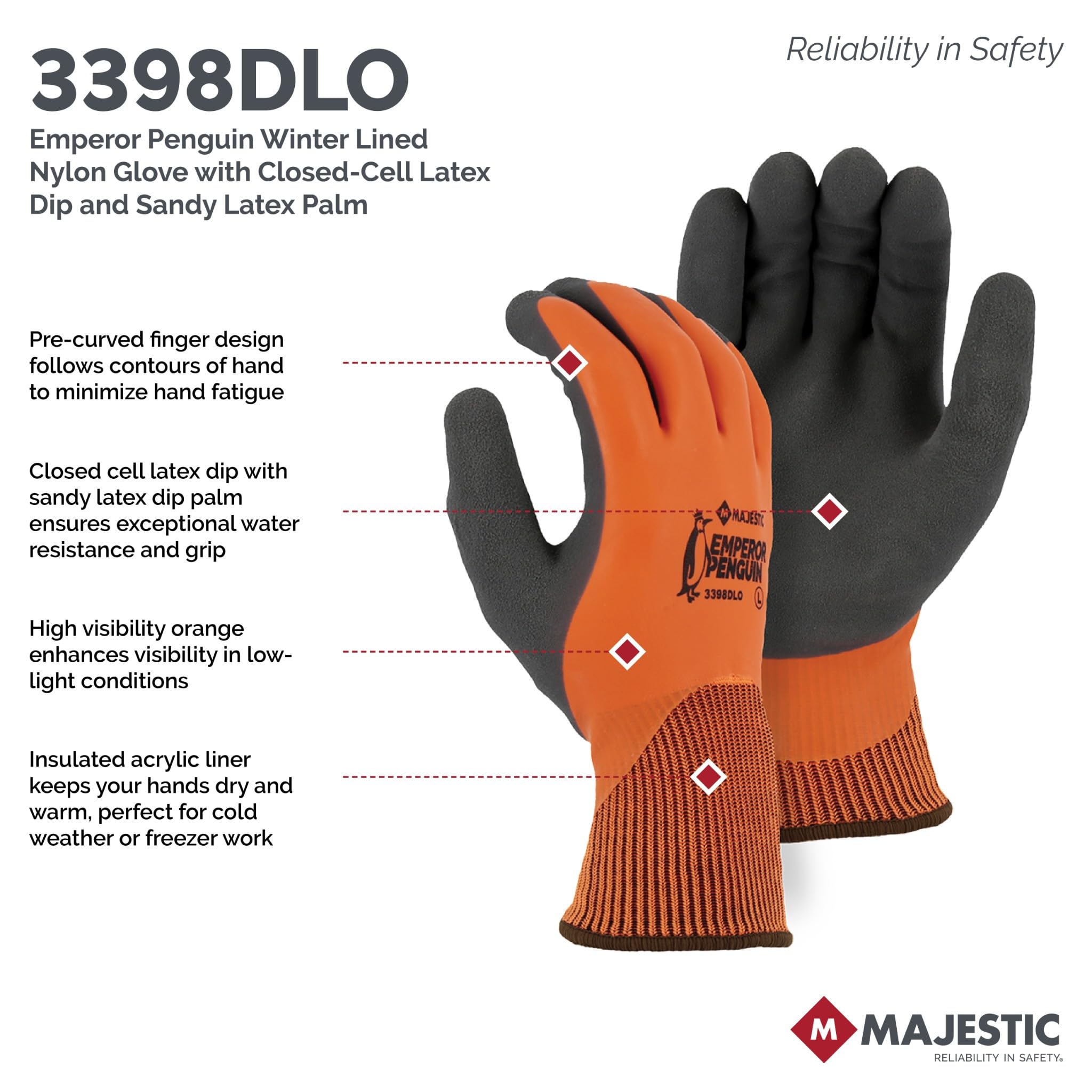 Majestic 3398DLO/L Emperor Penguin - Guante de nailon forrado de invierno, con inmersión de látex de celdas cerradas y palma de látex arenoso, cepillado suave, carcasa de nailon de calibre 13
