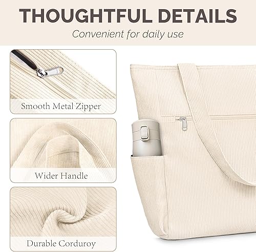 Miniatura 5 de Bolsa de mano de pana Buringer para mujer, gran bolsa de hombro con cremallera y bolsillos para viajes, gimnasio, vacaciones