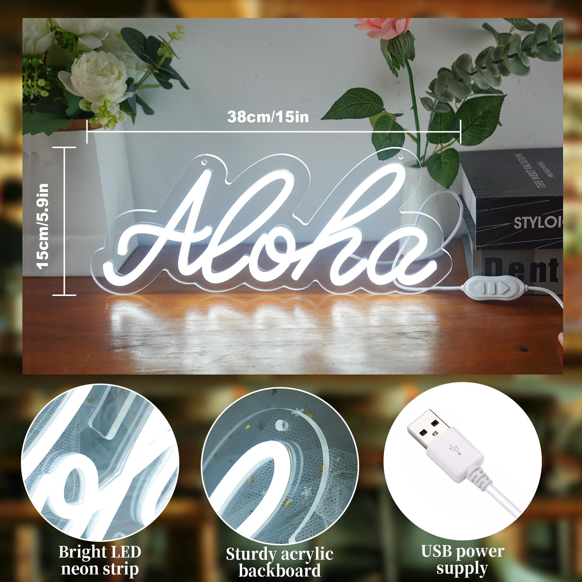 Aloha Neon Light Aloha Cold White Neon Sign for Wall Decor, 15
