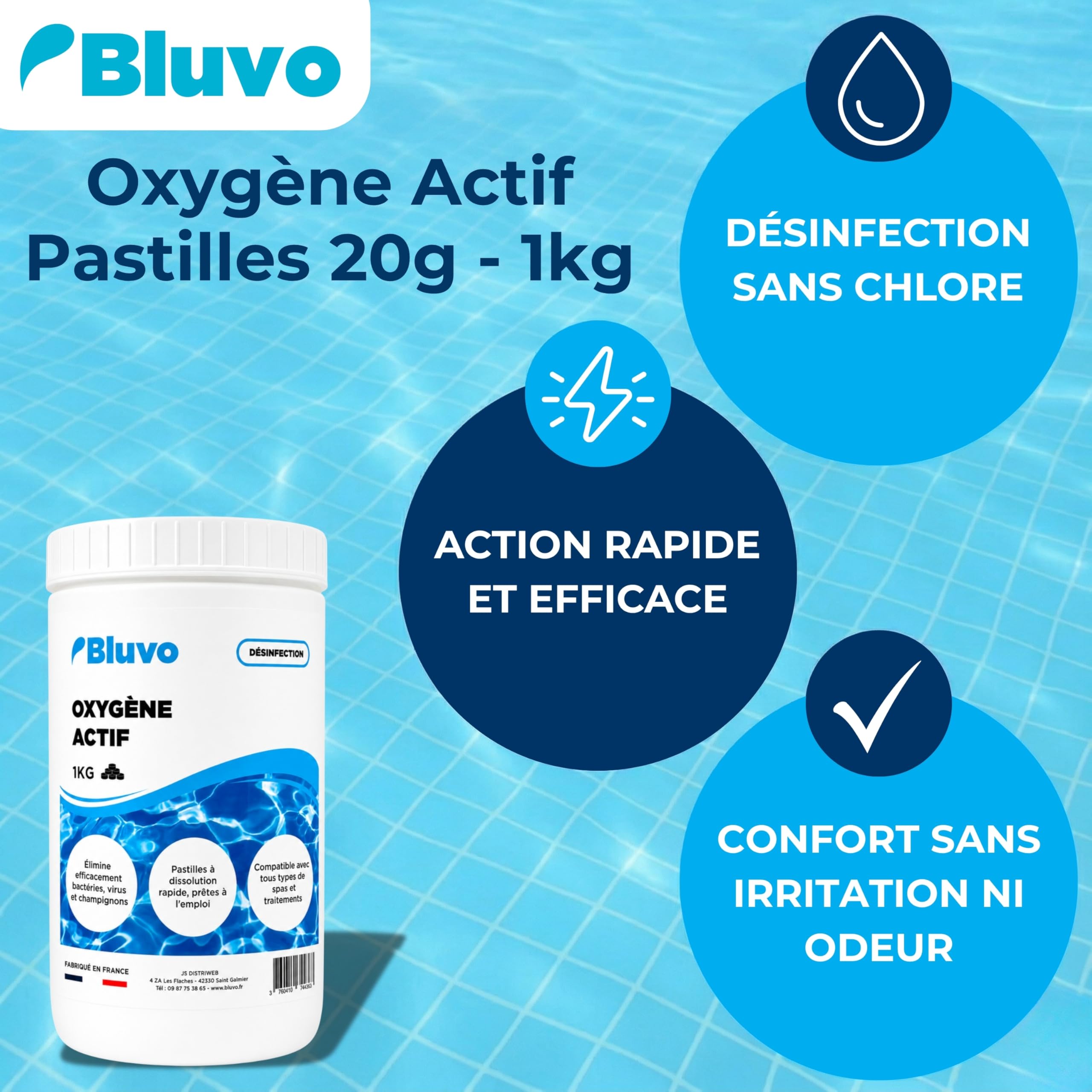 Oxygène Actif Pastilles 20g - 1KG | Désinfectant Eau Spa & Piscine sans Chlore | Traitement Choc & Entretien Longue Durée de l’Eau | Purification & Désinfection Efficaces pour Jacuzzi, Spa et Bassin
