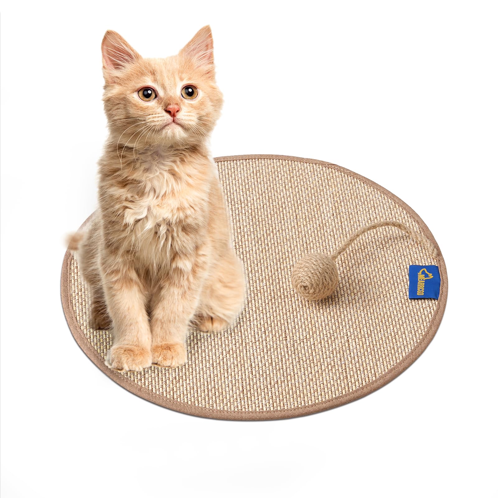 Mearrcgo Cat Scratch Mat [1-Pack] - 15.7 X 15.7 Inch Round Cat Scratcher Mat Woven from Bamboo, Wear-Resistant, No Crumbs, with Magic Stickers and Spiral Nails to Protect Sofa, Floor, Wall, Carpets