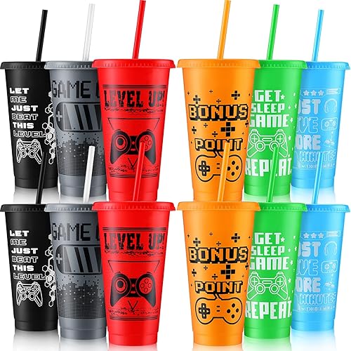 Mifoci Vasos de plástico reutilizables con tapas y pajillas, para videojuegos, regalo de fiesta de videojuegos, botella de agua para adultos y