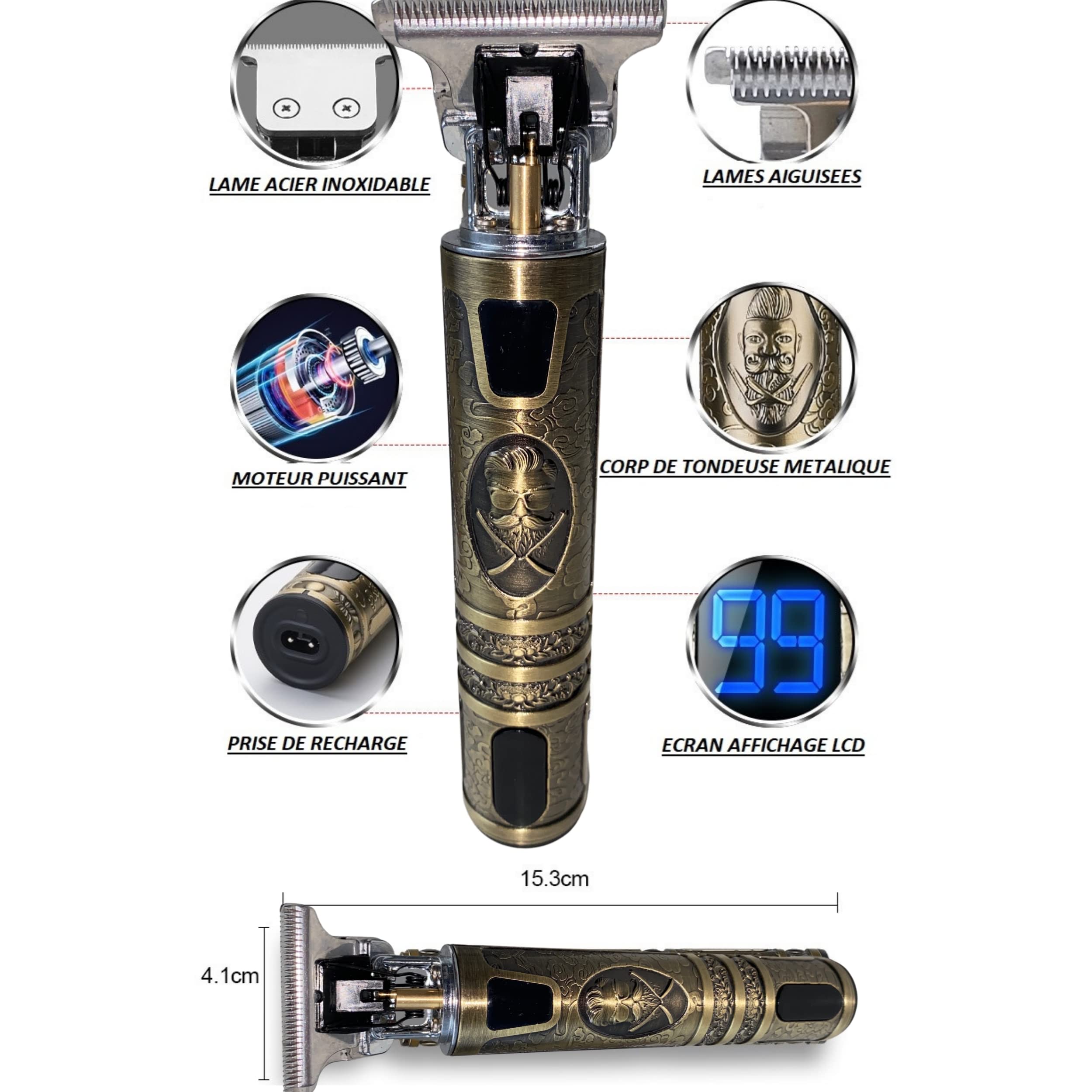 G Tondeuse Cheveux Hommes + Rasoir Électrique Homme À Grille Sans Fil Barbe Electriques Professionnelle,Rasoir Barbe,Écran LED, Rechargeable KIT TABLIER POCHOIR CONTOURS OFFERTS, Or