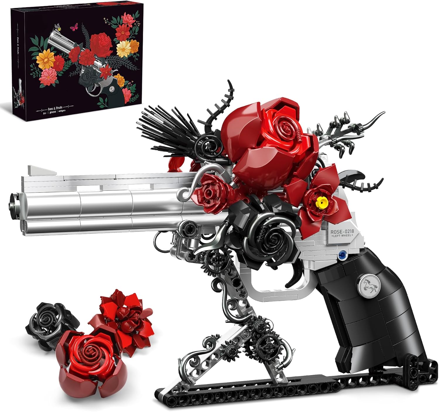 Red Rose Revolver Building Set for Adults, Pistol and Rose Gun Building Blocks Toy Gothic Home Office Decor Christmas Birthday Gift
