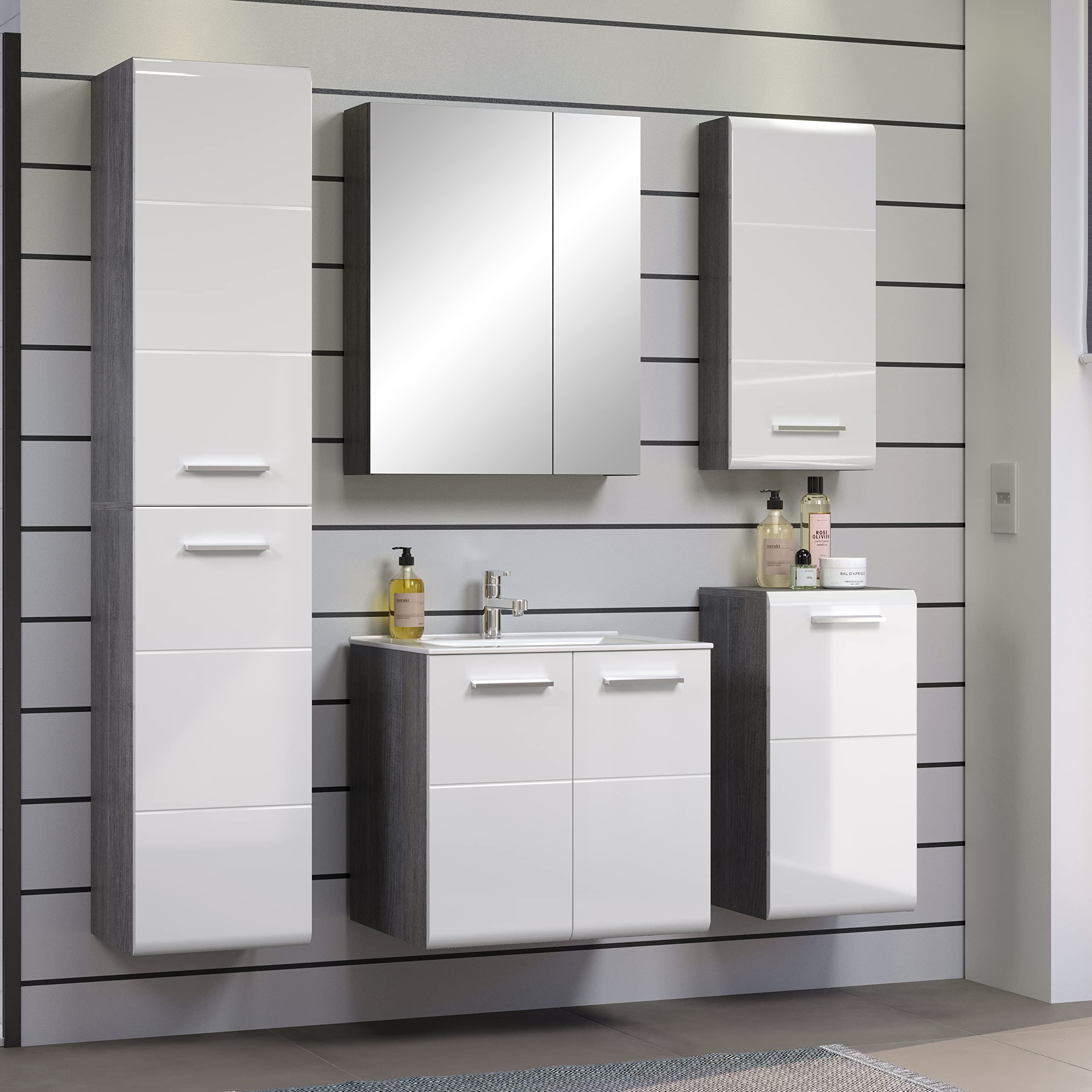 trendteam smart living - Riva - Kommode - Weiß Hochglanz/Grau - Hängeunterschrank mit abgerundeter Tür - (BxHxT) 35 x 68 x 33 cm - mit chromfarbenem Griff - Tür links oder rechts montierbar