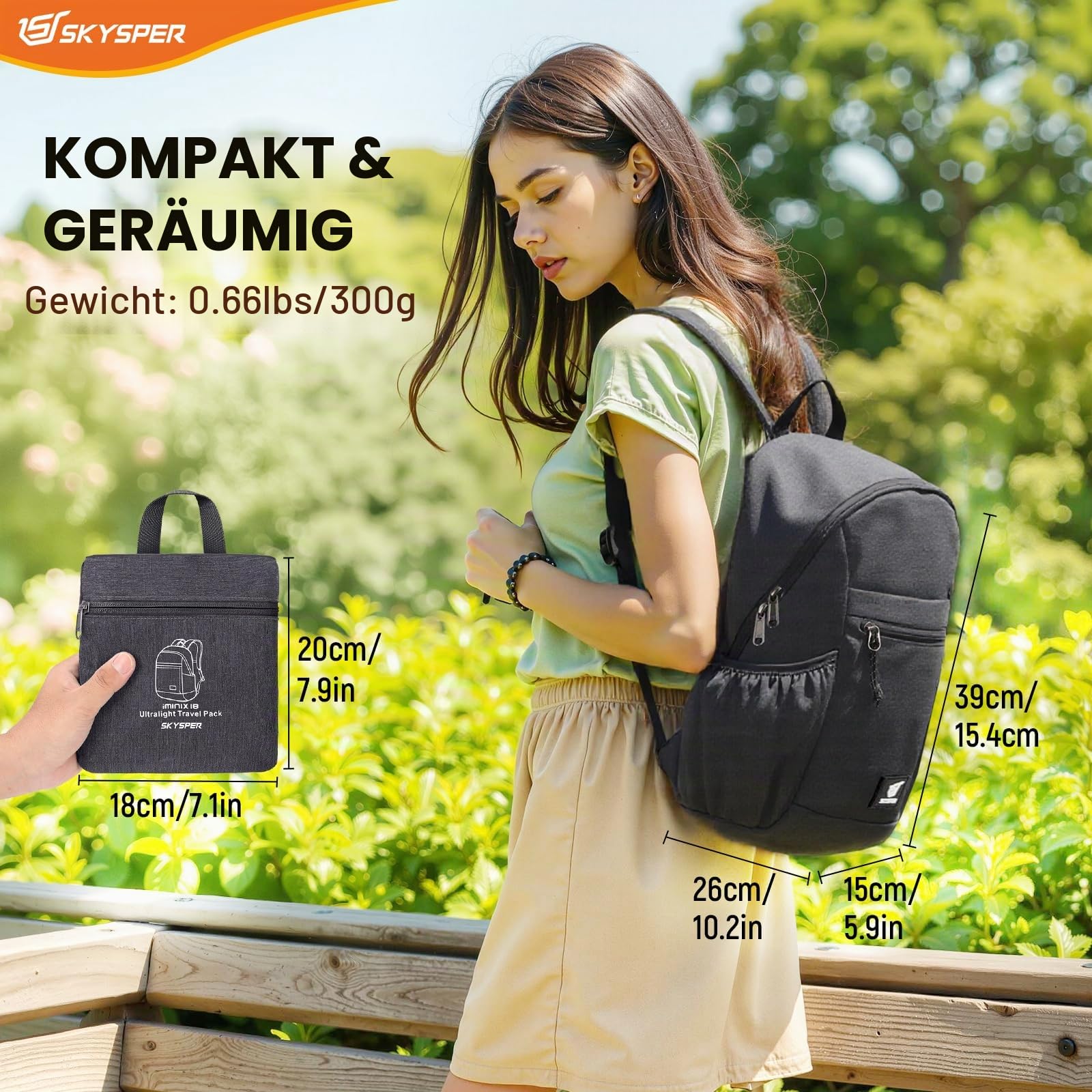 SKYSPER Faltbarer Rucksack Mit RFID-Schutz 18L, Klein Tagesrucksäcke Anti-Diebstahl Wanderrucksack Faltrucksack Leicht Faltbar Daypack für Wandern Reisen