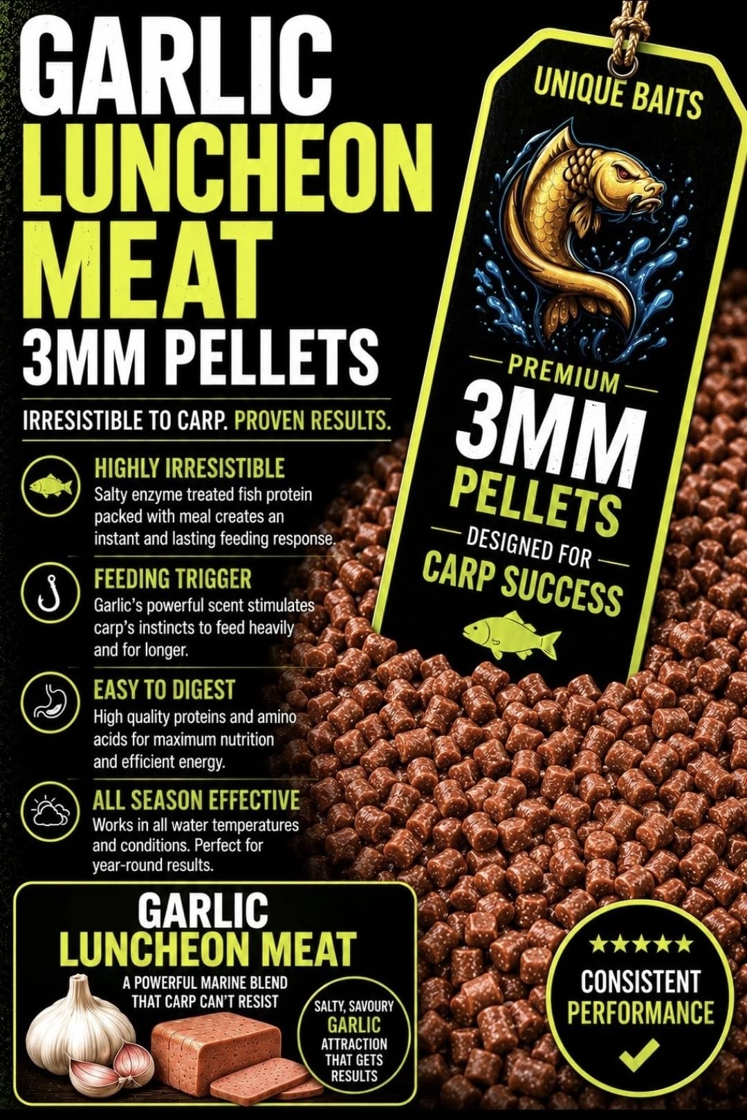 Garlic luncheon meat 3mm fishing Pellets 100g,200g,1kg session pack 48hr tracked (1kg)