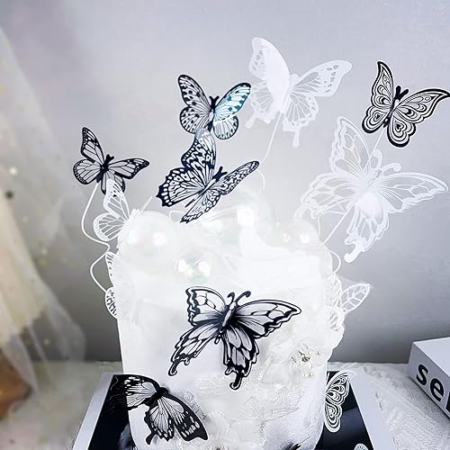 Miniatura 8 de Ercadio Paquete de 36 adornos de mariposa 3D para tartas de mariposa en blanco y negro de PVC para tartas de mariposa, estilo mixto, arte hueco,