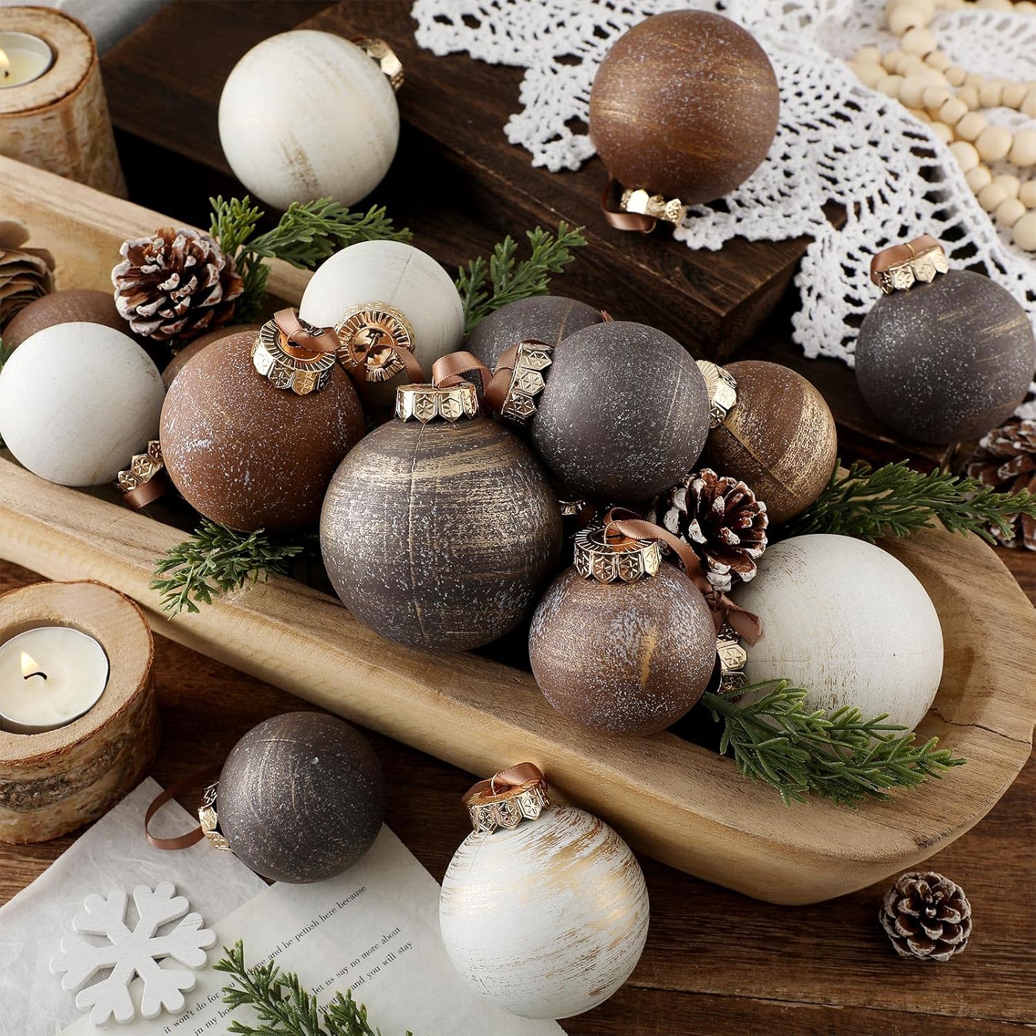 Yunlly 18 Pcs Textured Christmas Ball Ornaments 2.36'' 2.76'' 3.15'' Neutral Copper Ornament Modern Farmhouse Brown Hanging Christmas Decor Vintage Tree Decor for Xmas Shatterproof Home(White Gray) 18 White Gray