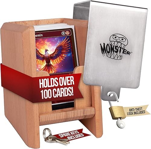 Caja de madera Monster Guillotine, cerradura antirrobo y llave, capacidad para 100 piezas de cartas coleccionables con funda, compatible con Yugioh,