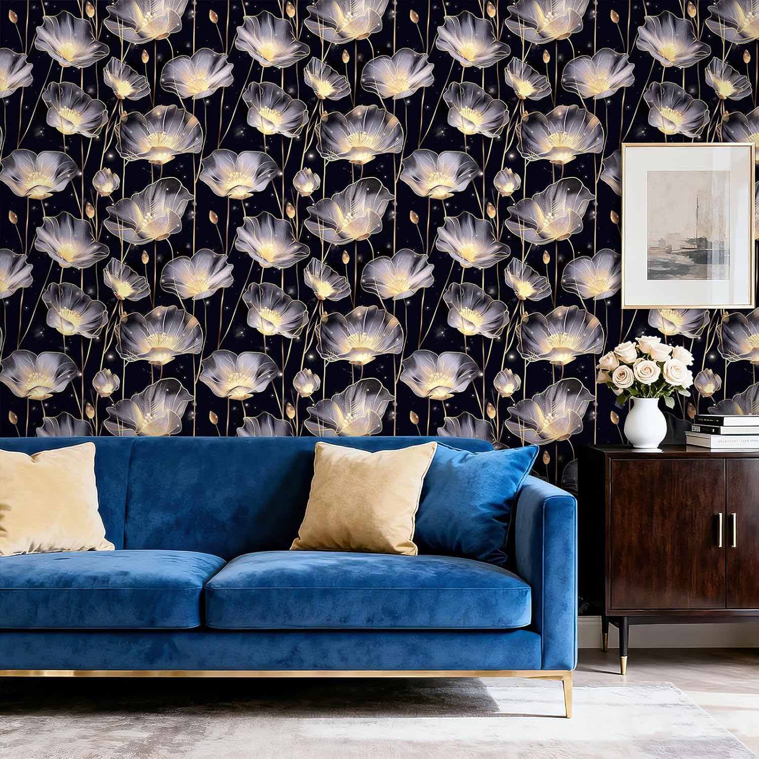 ReWallpaper Art Deco Dark Floral Peel and Stick Wallpaper Removable Self Adhesive Luxury Vintage Gold Accent Vinyl Wallcovering for Powder Room Bedroom Dining Room Entryway Home Office 17.5in X 23ft