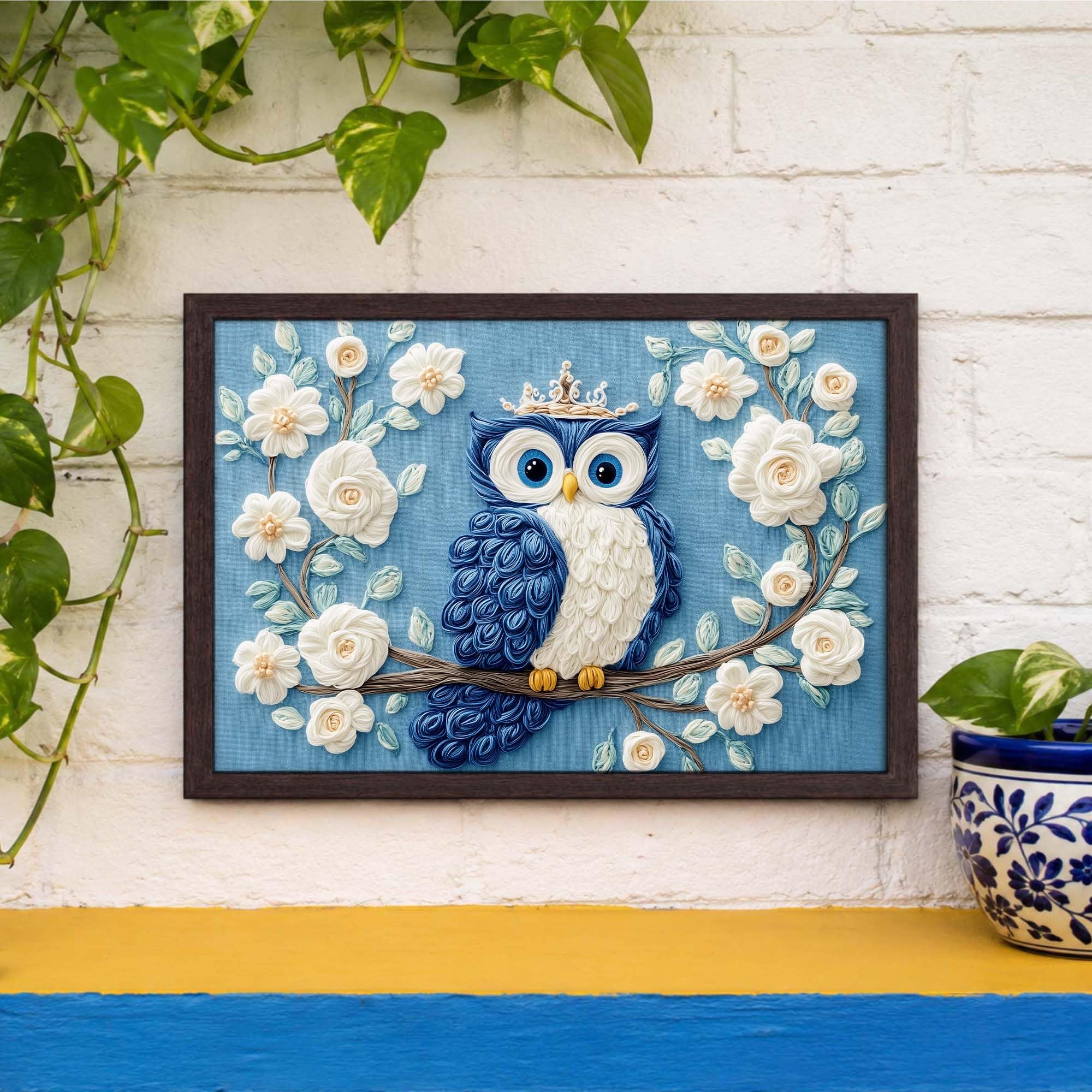 ROYAL BLOOM OWL - PAPER PAJAMA - Cute Blue Owl Floral Framed Wall Art for Kids Room & Bedroom | Whimsical Nature Bird Illustration | Decorative Painting - 10x13 Inches 4