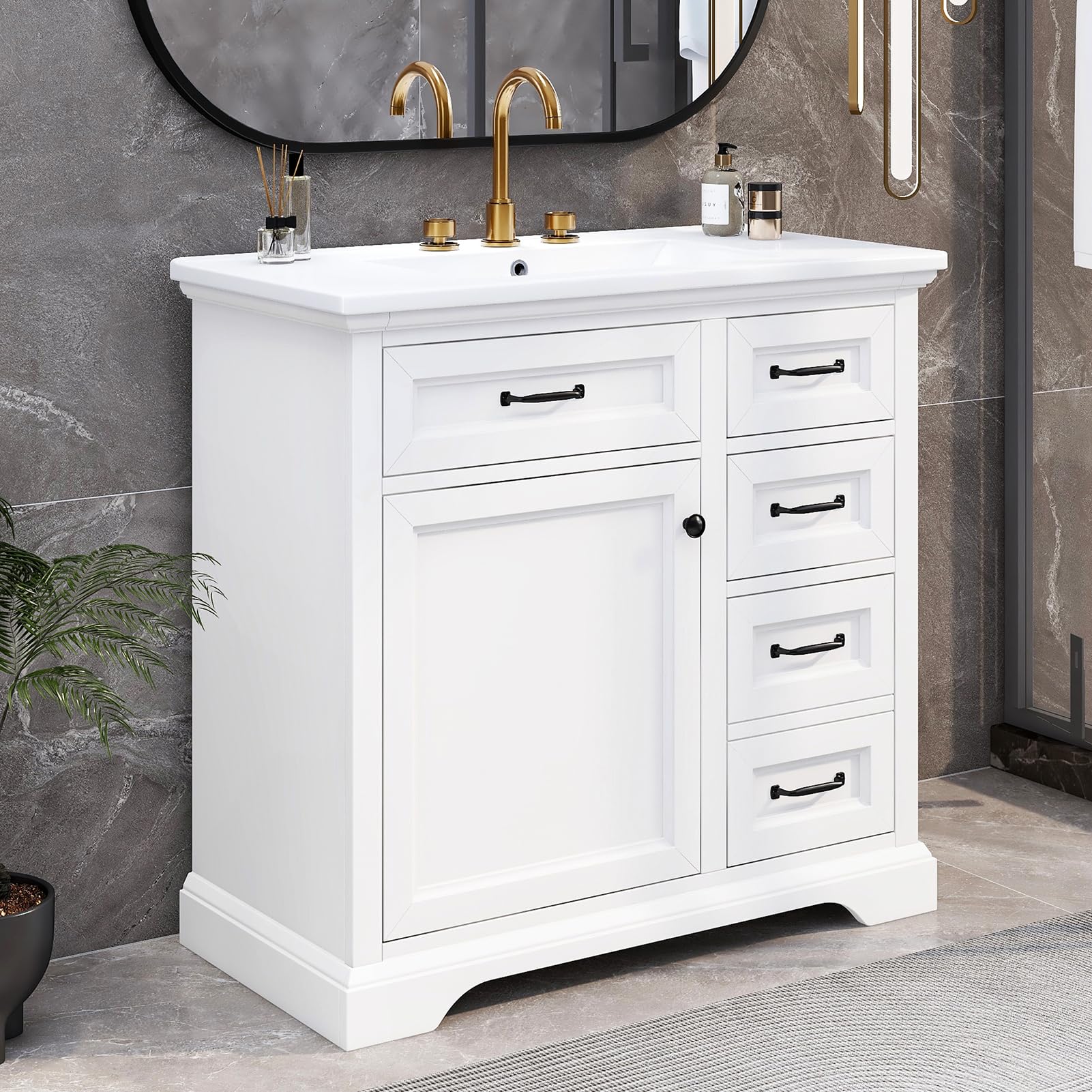 36" bathroom vanities cabinet with sink combo, modern bathroom cabinet with ceramic sink freestanding single bathroom vanity set with 2 tip-out drawers, soft close door hinges, white