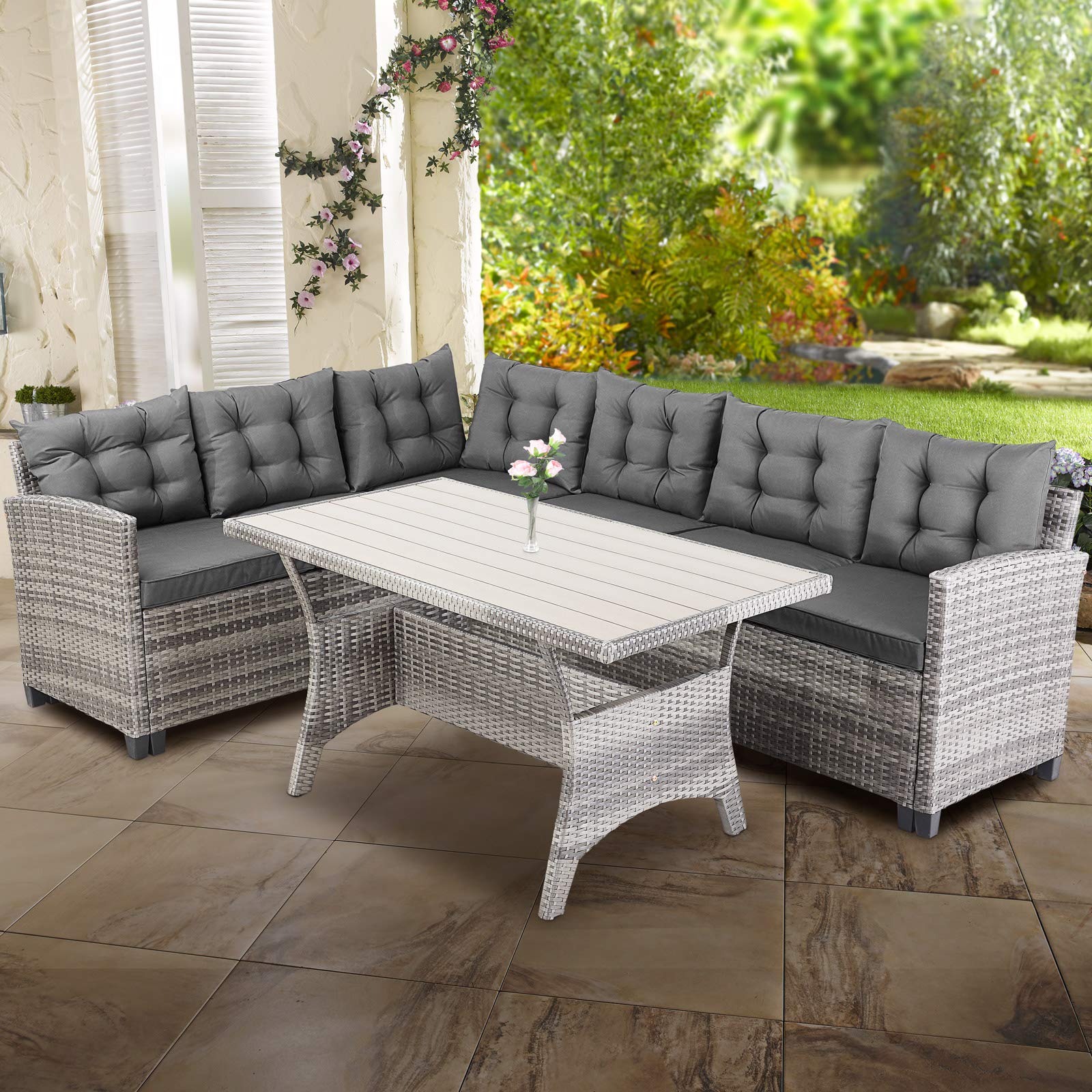 CASARIA® Conjunto Jardin Exterior Poliratán Comedor WPC Sillones Esquineros con Cojines Mesa 6 Personas Resistente Intemperie Muebles Salón Balcón Terraza Gris