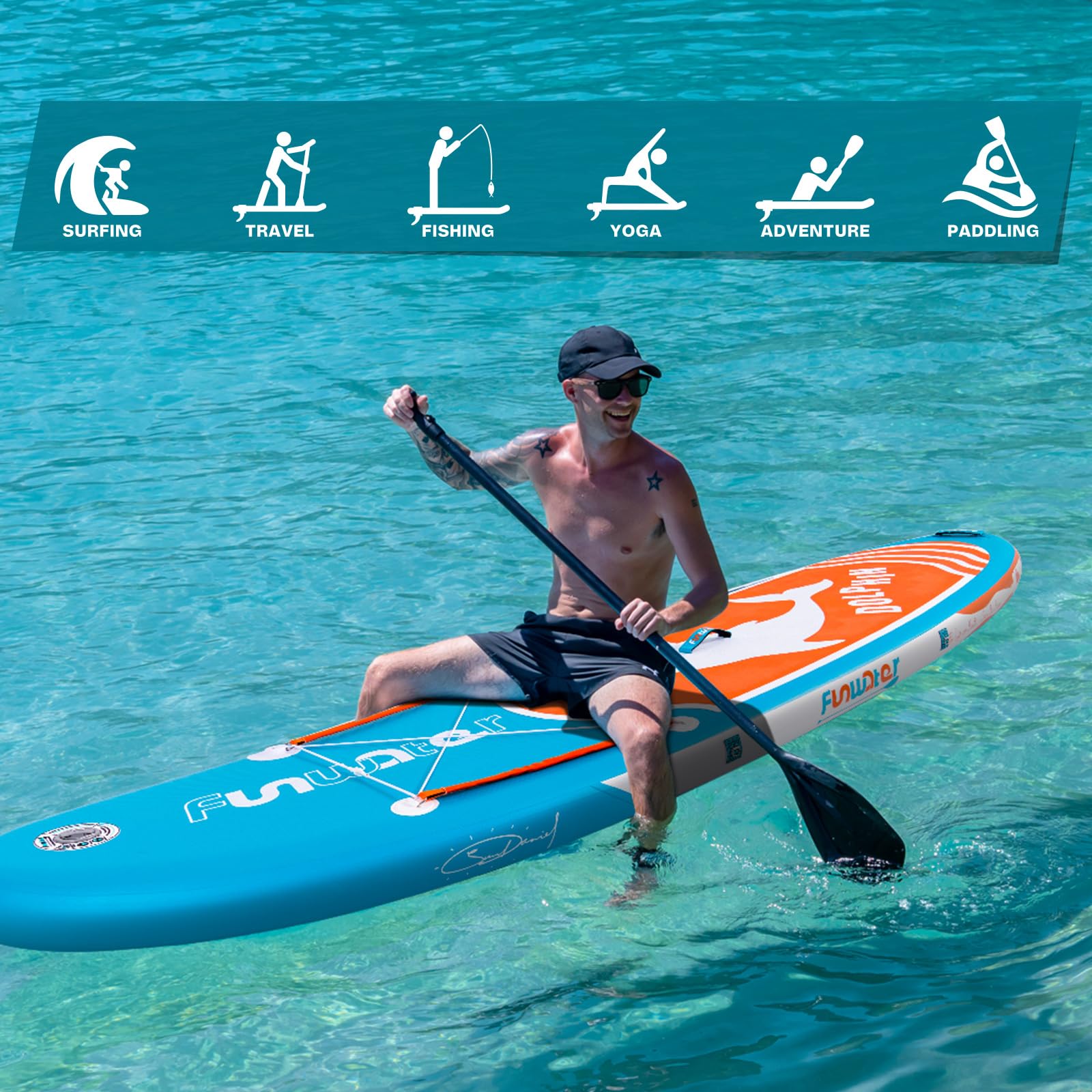 FunWater Nadmuchiwana deska do wiosłowania SUP z akcesoriami premium SUP, antypoślizgowa deska do wiosłowania EVA, deska do wiosłowania 38 cm, dla dorosłych i młodzieży na wszystkich poziomach