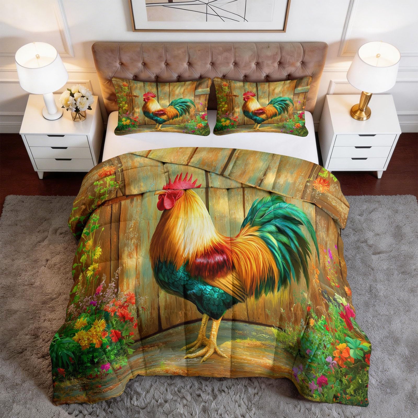 Générique Farma Kwiatowa Kołdra Kurczak Kołdra 140 x 200 cm, Rustykalny Styl Dwustronna kołdra dla dzieci Dziewcząt Chłopców Nastolatków - Zapakowana Miękka i oddychająca kołdra