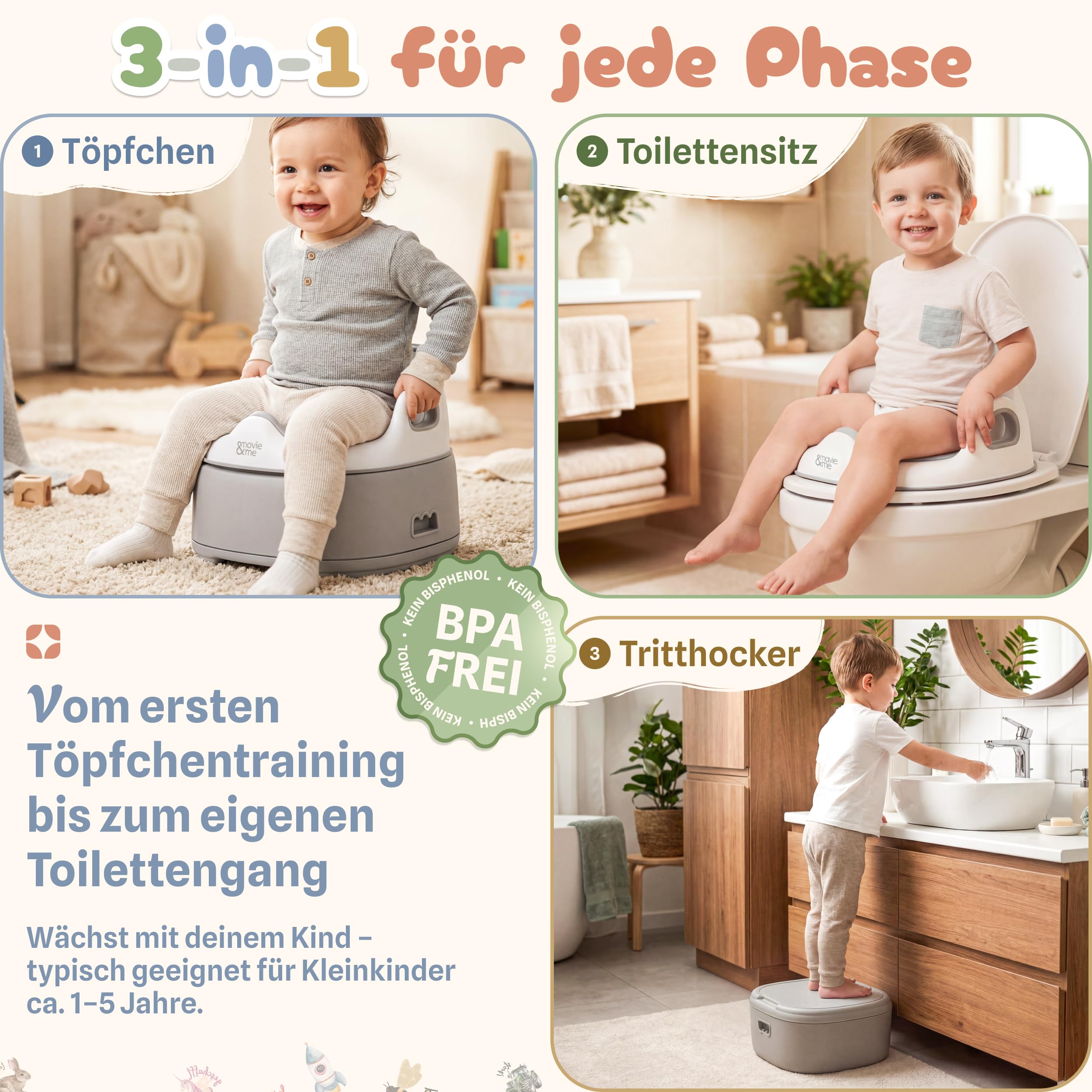 Töpfchen für Kinder 3-in-1 mit Toilettensitz & Tritthocker – Töpfchentraining Set für Kleinkinder – rutschfest & stabil bis 60 kg mitwachsend herausnehmbarer Innentopf – BPA frei (grau)