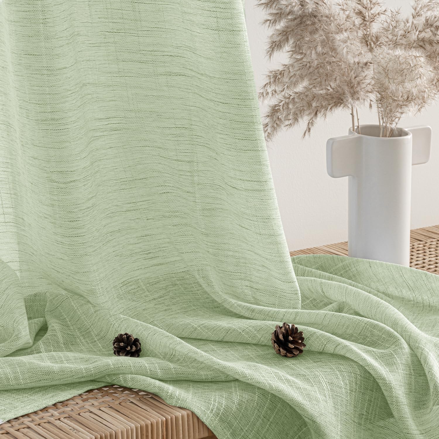 MIULEE Vorhang Gardinen Leinen mit ösen Voile Vorhänge Leinenoptik Gardinen Wohnzimmer Modern Fensterschal Kinderzimmer küchengardinen Schlaufenschal 2er Set 140x245 cm Grün | Moderne Lichtdurchlässige Fensterschals für Wohnzimmer, Küche & Schlafzimmer, D