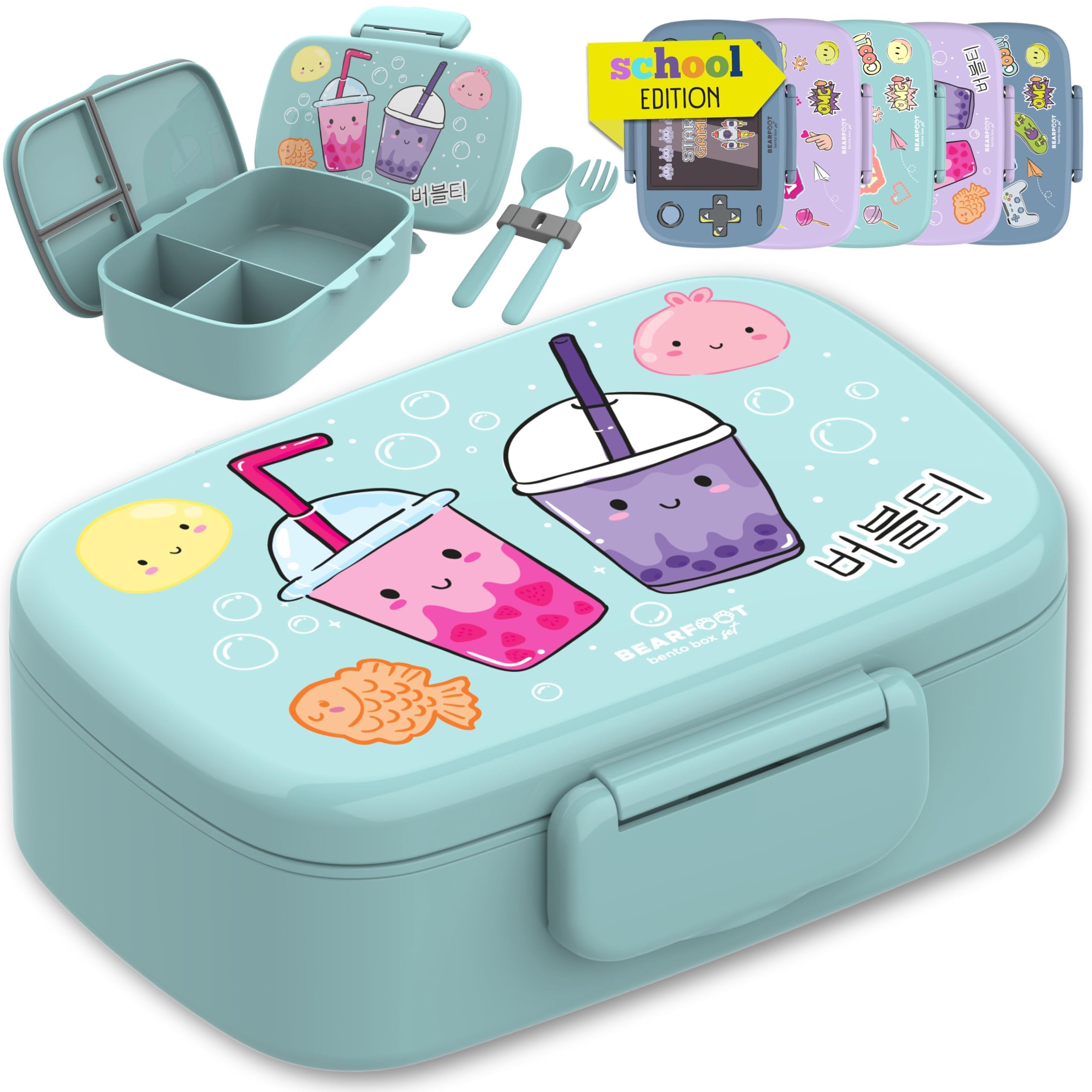 BEARFOOT Brotdose Kinder mit Fächern, BPA frei, Lunchbox, Bento box, Brotbox, Brotdose Mädchen & Jungen, Snackbox, 100% auslaufsicher, Vesperbox für Kindergarten, Schule (BubbleTea-mint)