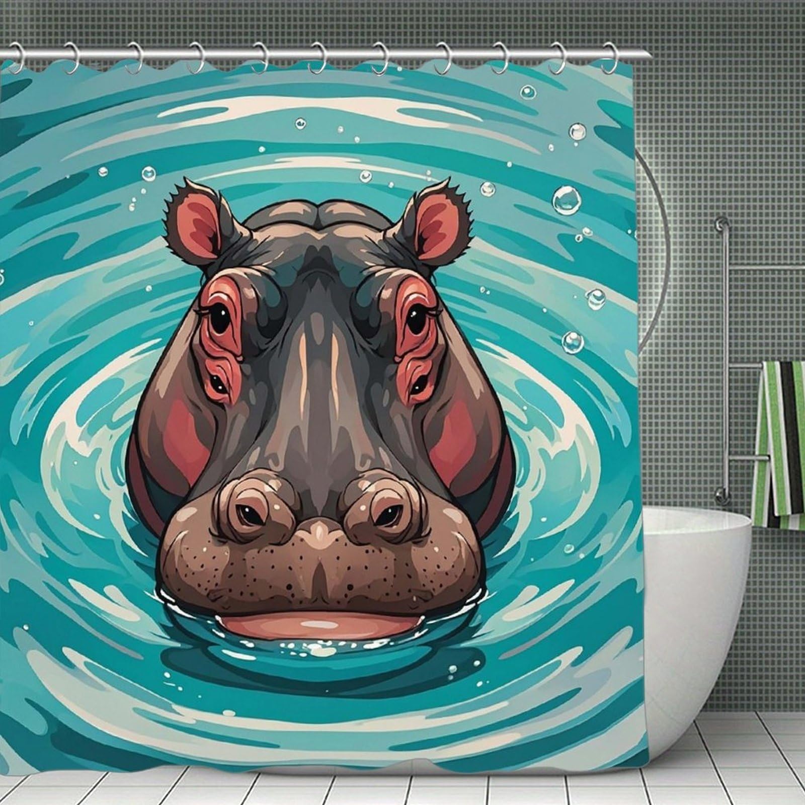 QMNLKH Cute Hippopotamus Shower Curtain with Hooks, Waterproof Bath Curtains for Bathroom, Lightweight Bath Curtains Liner for Hotel, Personalized Bath Curtain for Spa, 70.8 Inch