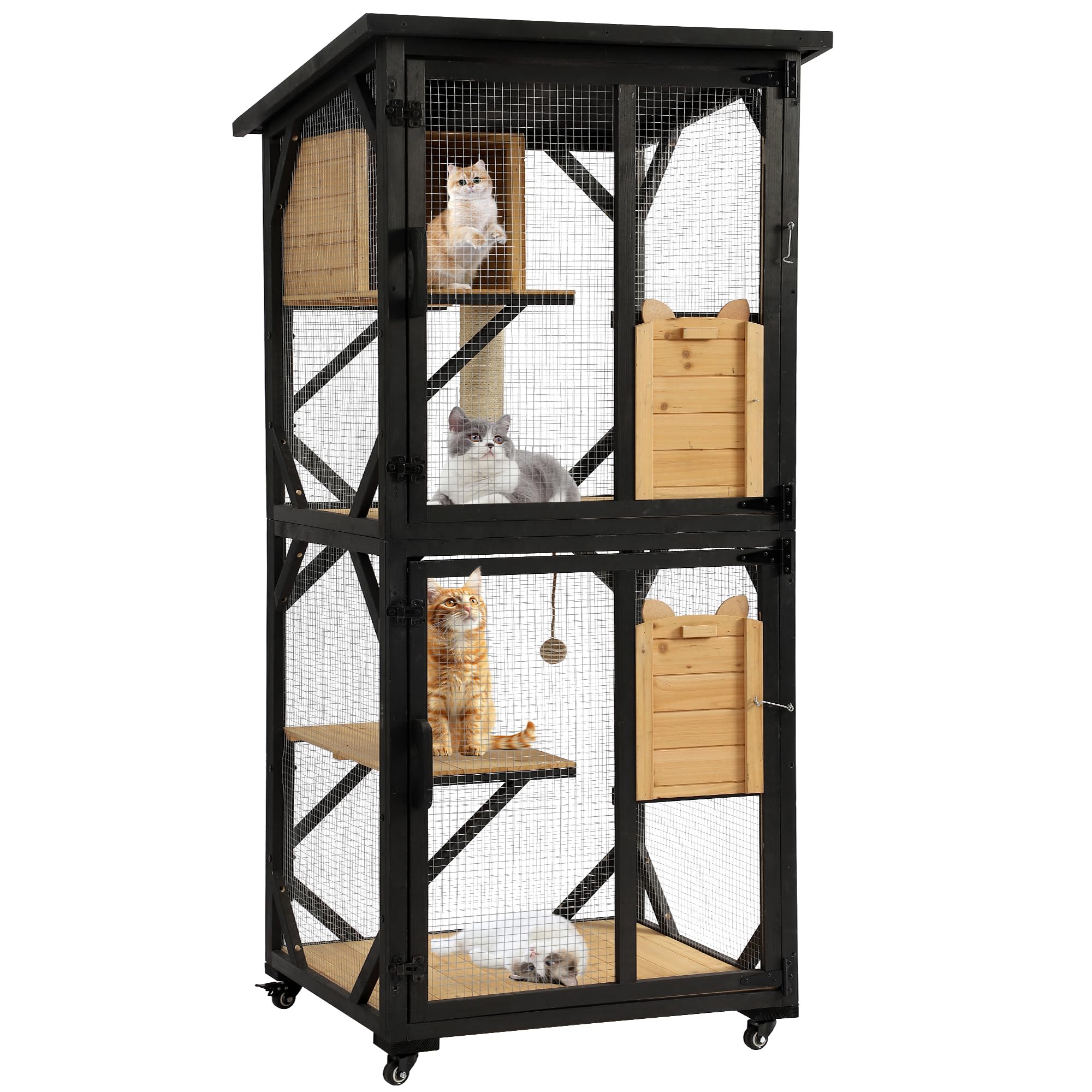 Grepatio Catio Outdoor Cat Enclosure Outside Wooden Cat House with Weatherproof Large Cat Cage Condo Outdoor Playpen with Platform and Sleep House Cat