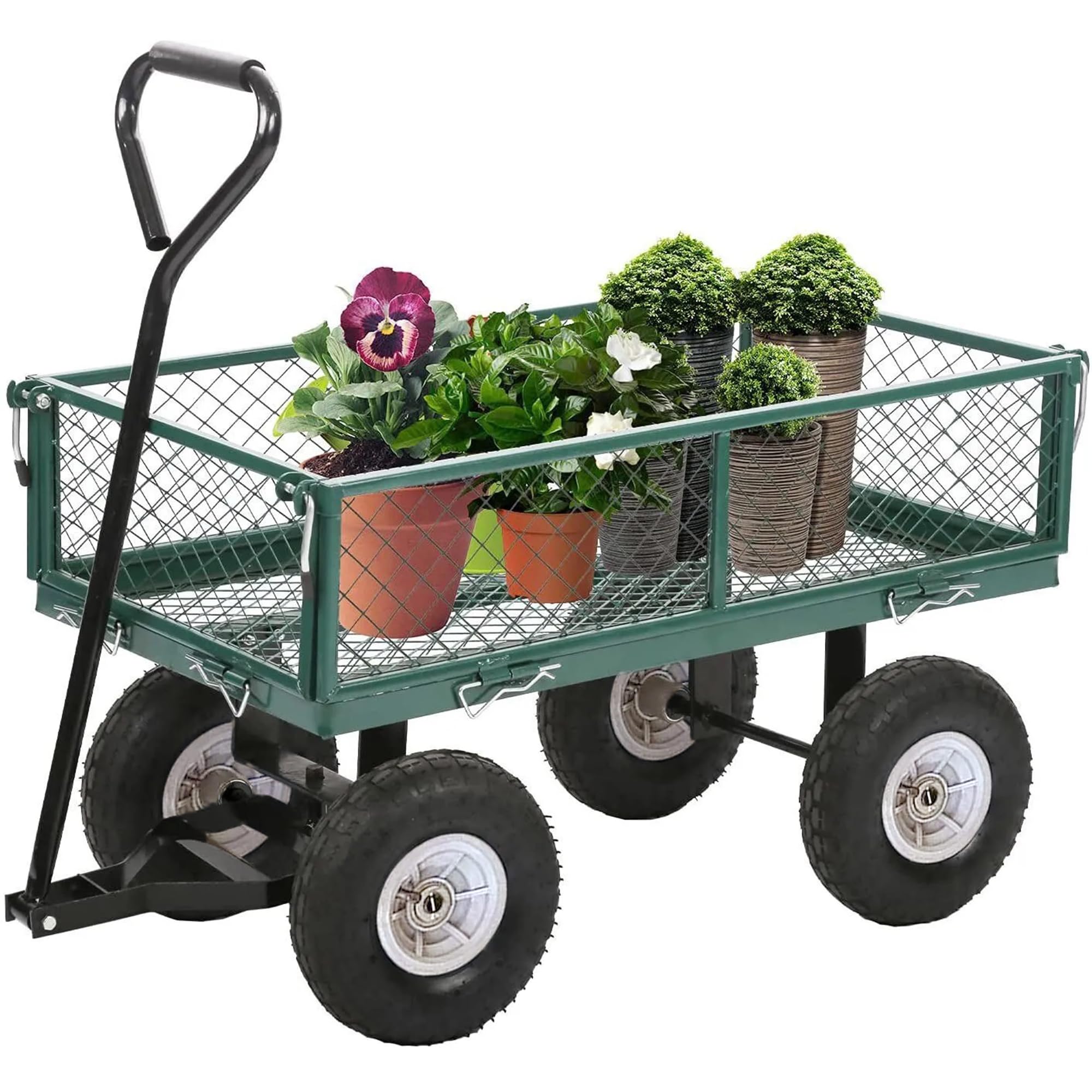 JupiterJX Heavy Duty Utility Garden Cart, 400Kg Weight Capacity, Foldable Wagon Cart Trolley With Removeable Mesh Sides 10 inch Pneumatic Tires Outdoor Cart for Gardening, Farm, Yard Green (Green)