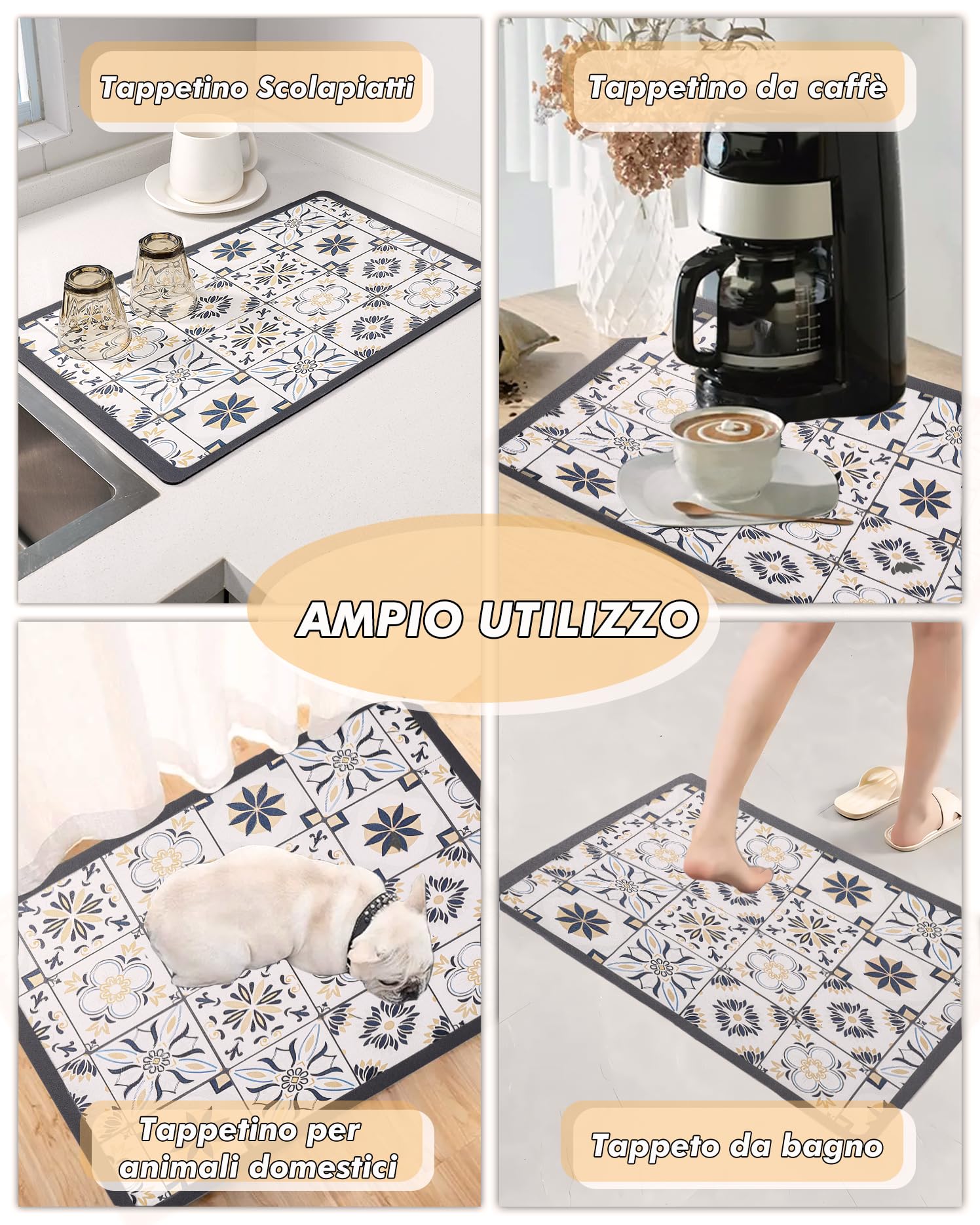 Tappetino Assorbente Cucina 60x40 cm, Antiscivolo per Macchina da Caffè e Stoviglie, Protezione Piano Lavoro Antimacchia