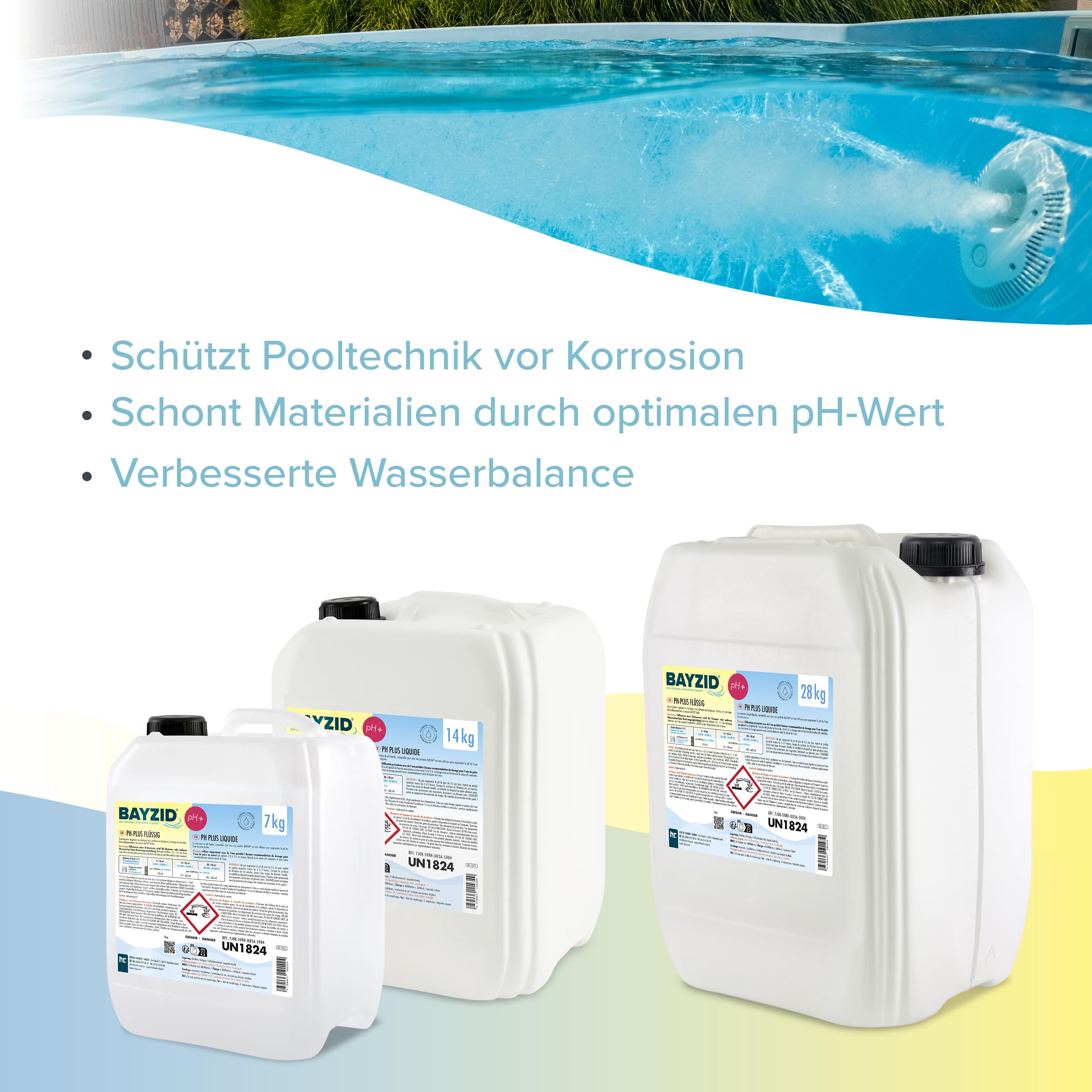1 x 28 kg pH Heber flüssig von Höfer Chemie - DAS ORIGINAL für einen optimalen pH-Wert und einwandfreie Wasserwerte | Geeignet für alle Behandlungen – reine und stabile Qualität – erhöht den pH-Wert sanft – schnell löslich