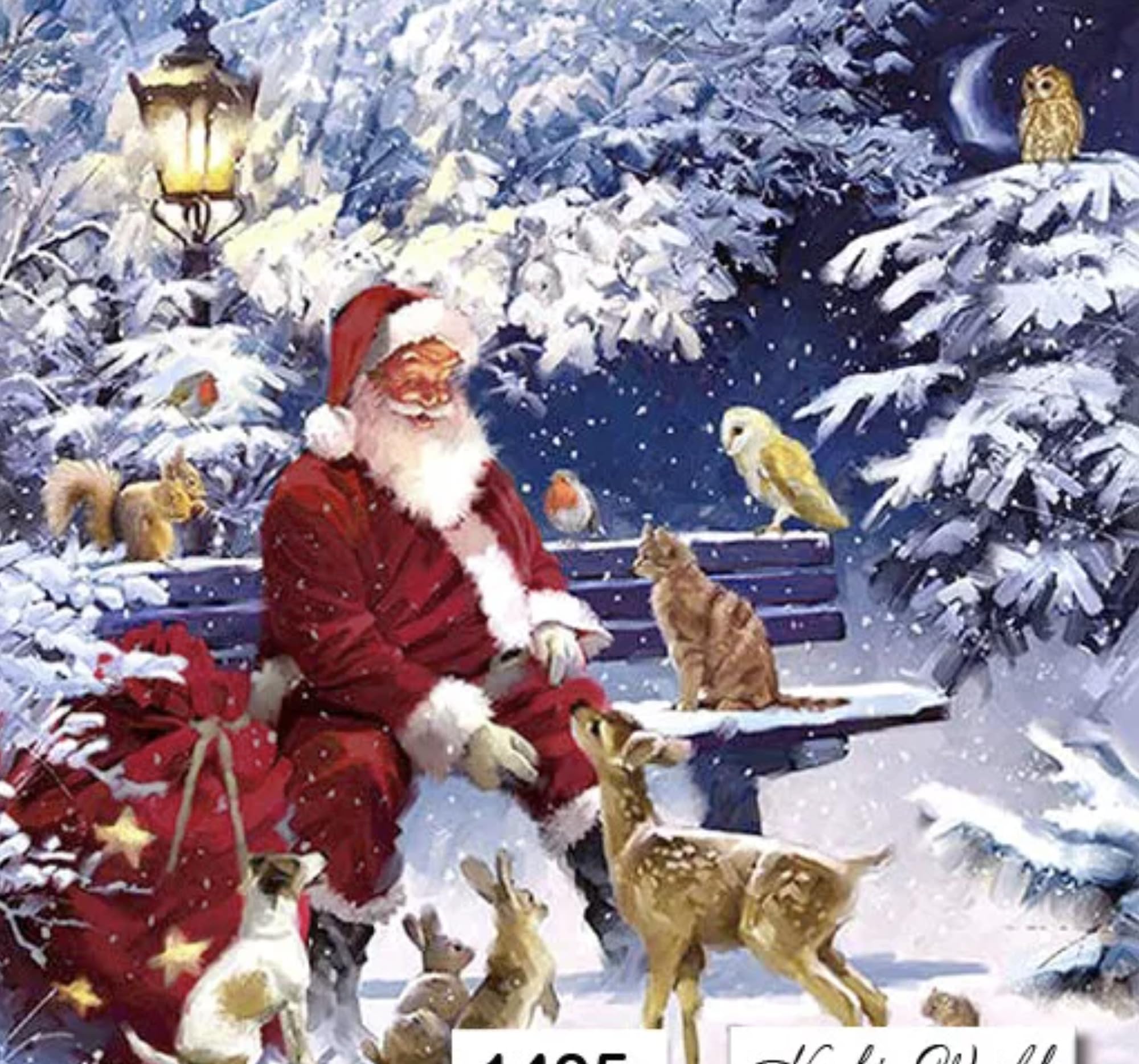 Set of 2 Individual Decoupage Paper Party Napkin Christmas Santa Bench Watercolor Decor Luncheon Napkins for a Birthday Holiday, Wedding, Cocktail Party