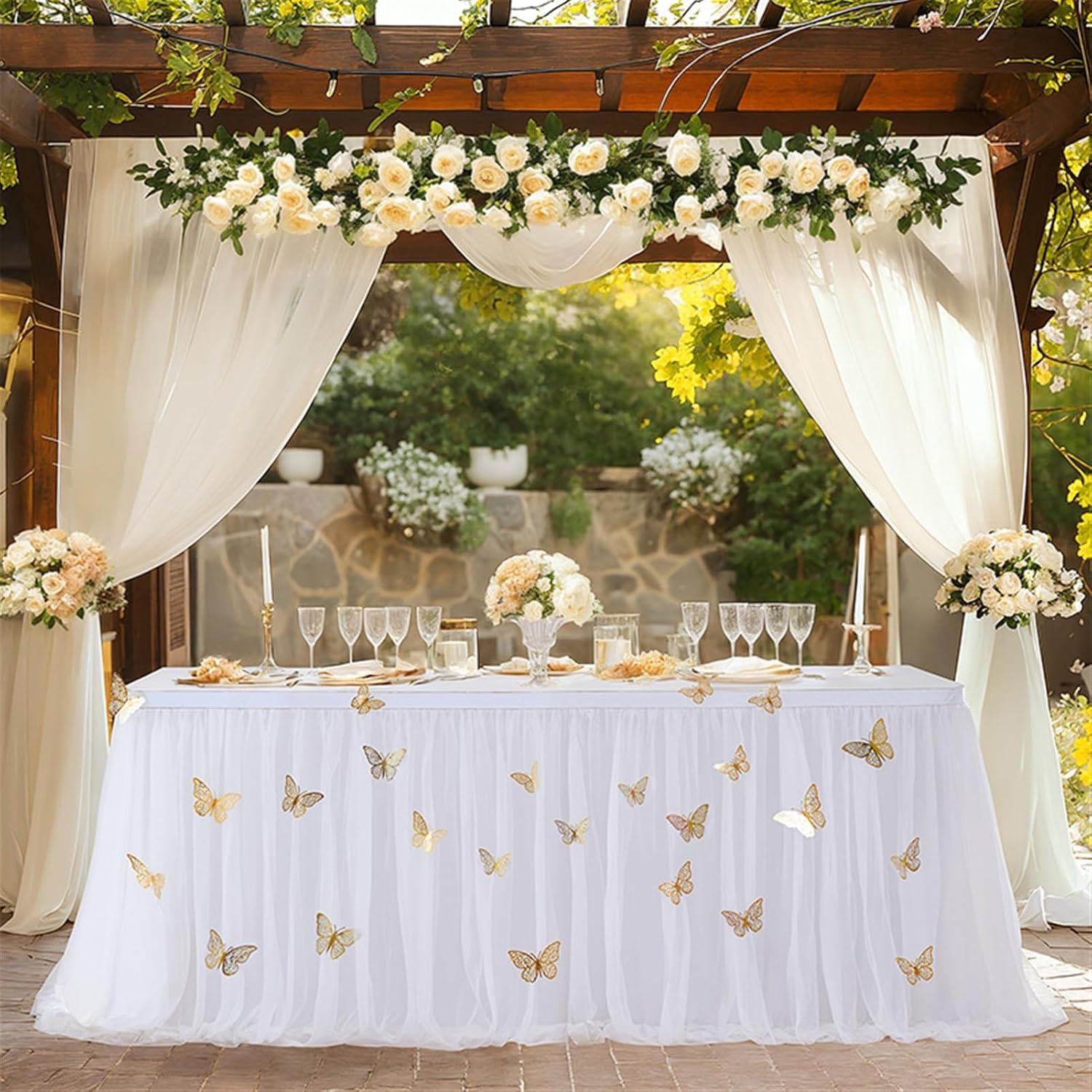 Tulle Table Skirts for Rectangle Tables 9FT, Teacher Desk Skirt Wrinkle Resistant Ruffle Classroom Table Cloth for Wedding Birthday Baby Shower Party, White