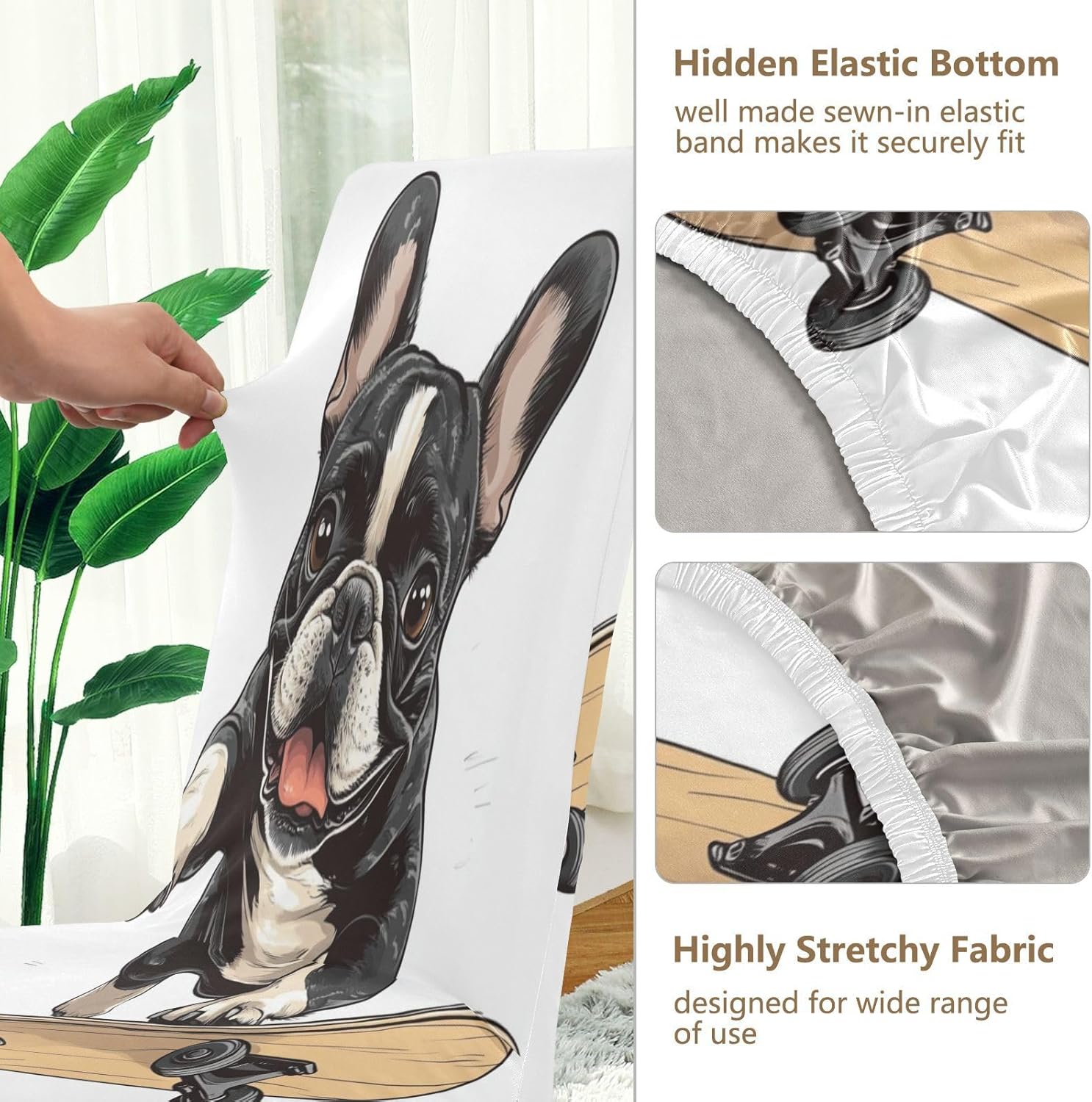 ALAZA Chair Covers for Dining Room, French Bulldog Skateboard Cartoon Stretch Chair Cover Sets Chair Protector Removable Washable for Ktichen Restaurant Hotel