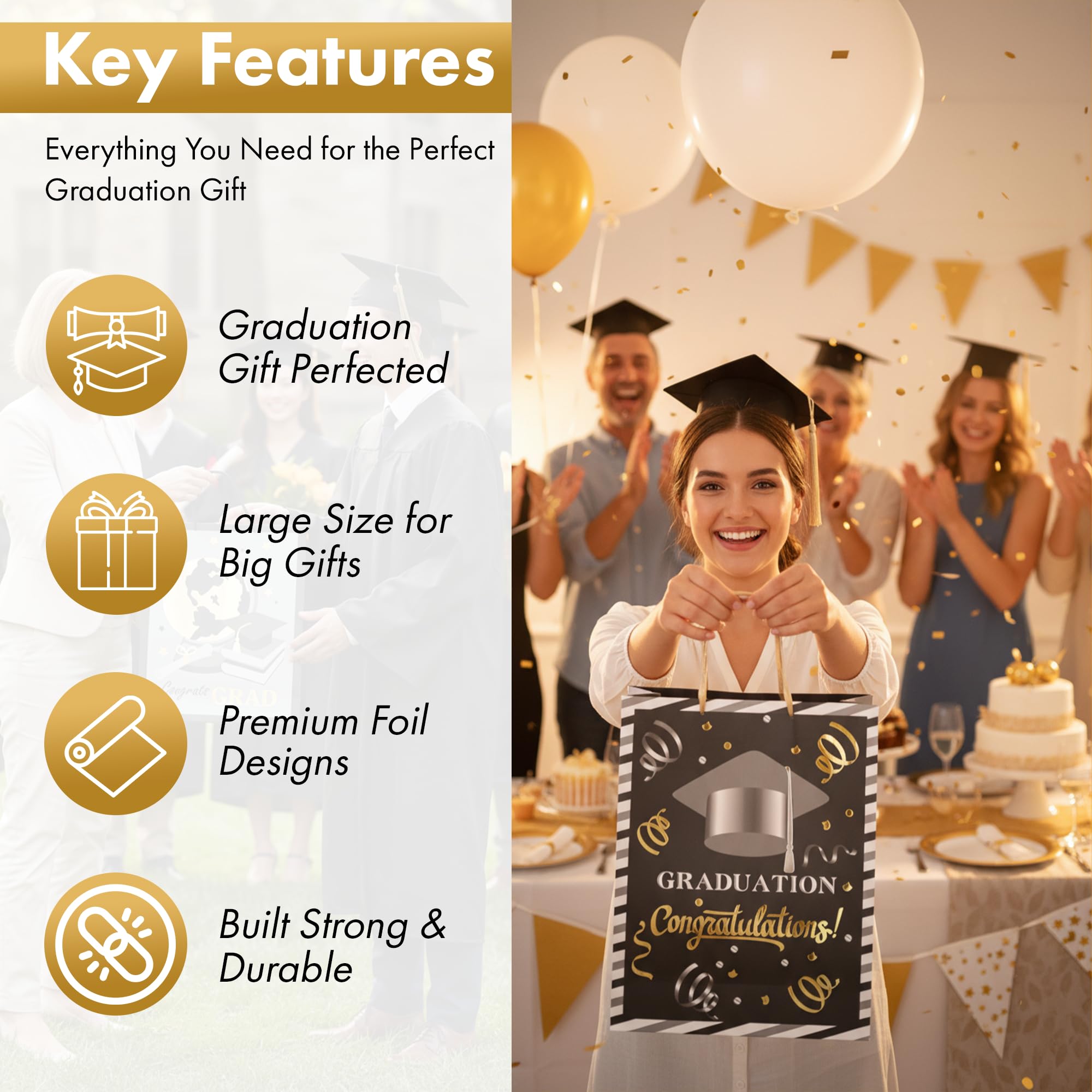 Iconikal 3-Pack Graduation Gift Bags, Large 10.5x13x5.5 Inch, Foil Embellished Designs