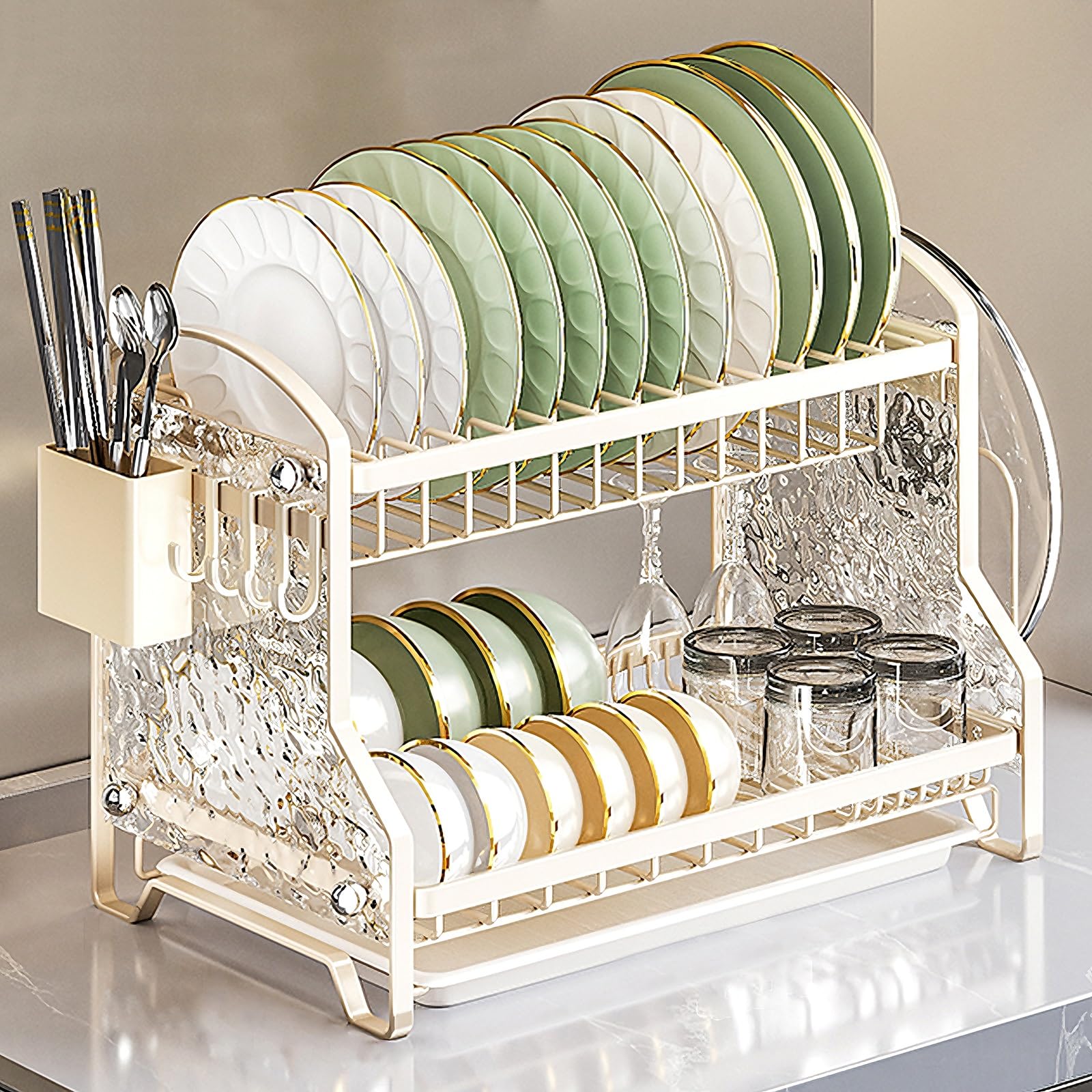 Scolapiatti da Appoggio per Lavello con Porta-bacchette Acciaio ai Carbonio Portaposate Scolaposate a 2 Ripiani Organizzatore Cucina per Appartamenti e Case(42 * 25 * 29.5cm)