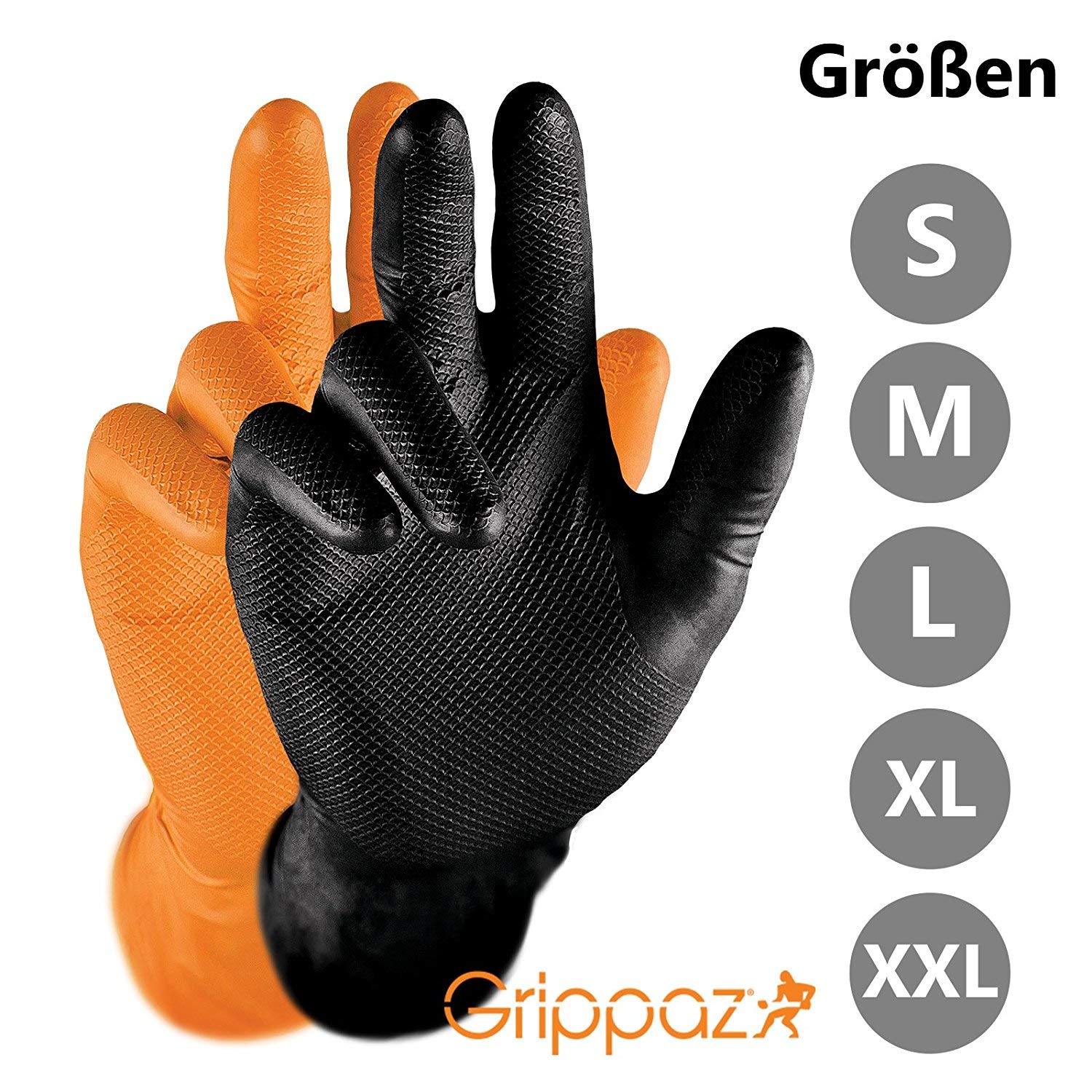 Grippaz Work-Inn Nitril-Handschuhe Schwarz (50 Stück) | Größe XL | latexfreie Arbeitshandschuhe extrem robust & rutschfest | ohne Puder patentierte Schuppenprägung | Einweghandschuhe + puderfrei
