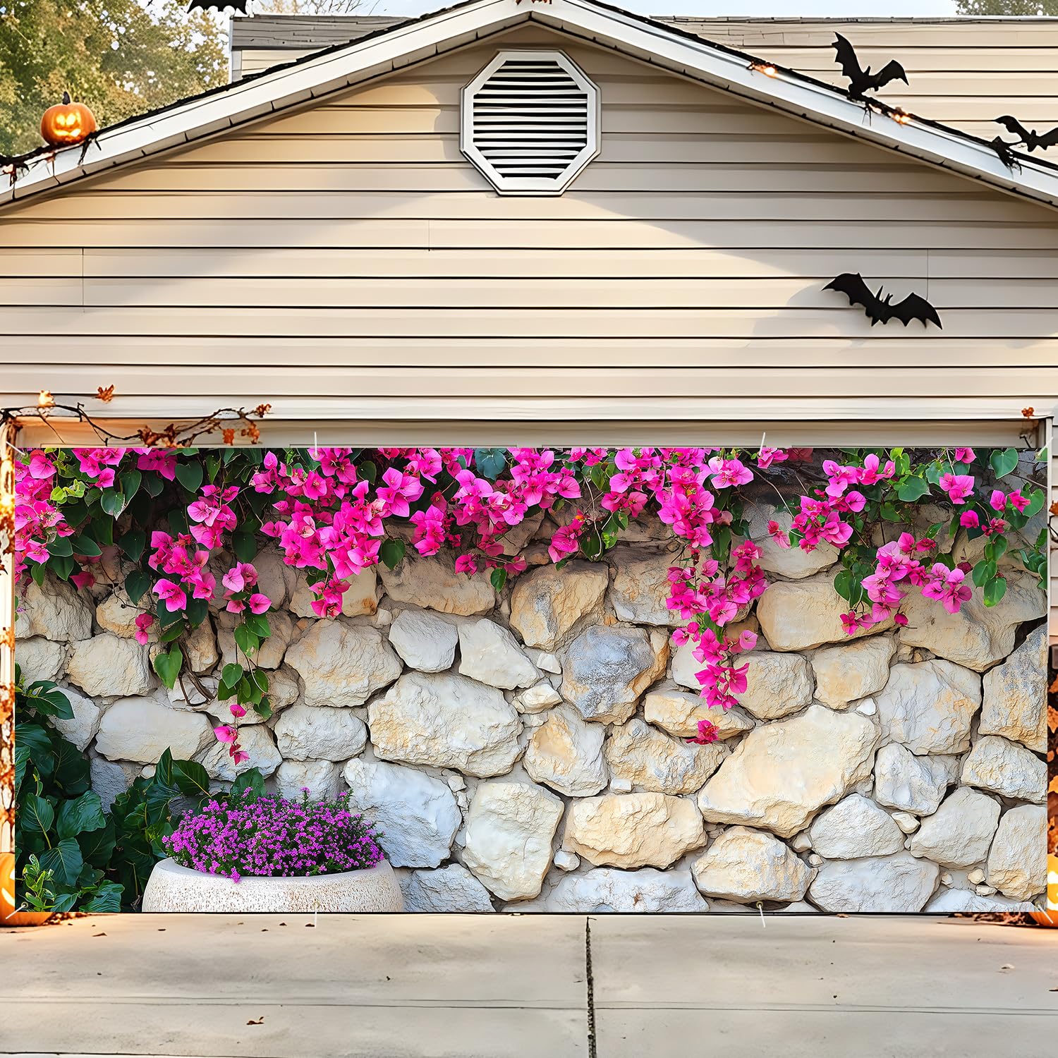 Garage Door Decorations 6 x 13 ft, Floral Stone Wall Cover
