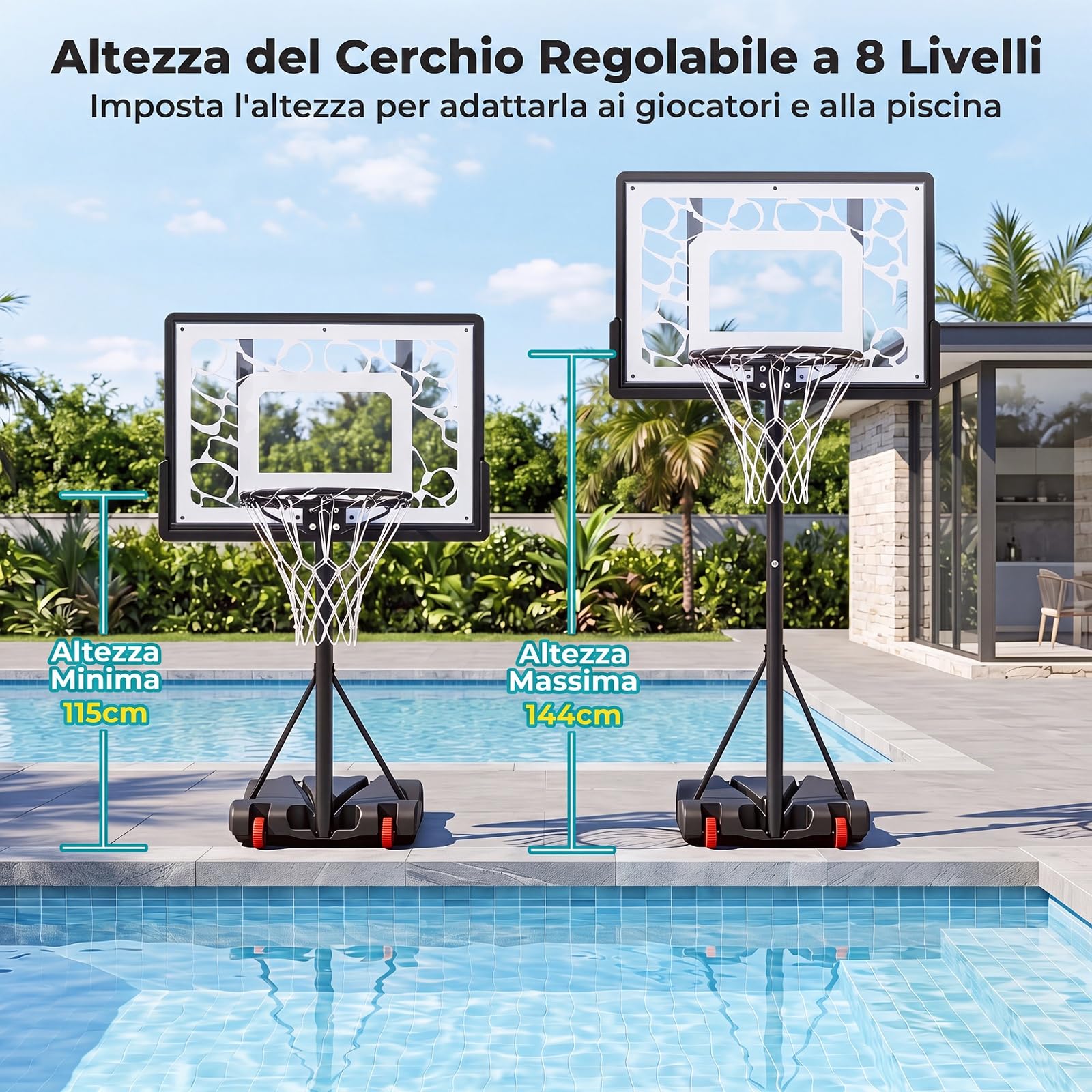COSTWAY Canestro da Basket da Esterno, Canestro Pallacanestro da Piscina con Luci LED, Altezza Regolabile 115-144 cm, Palla, Ruote, Base Riempibile e Tabellone Infrangibile