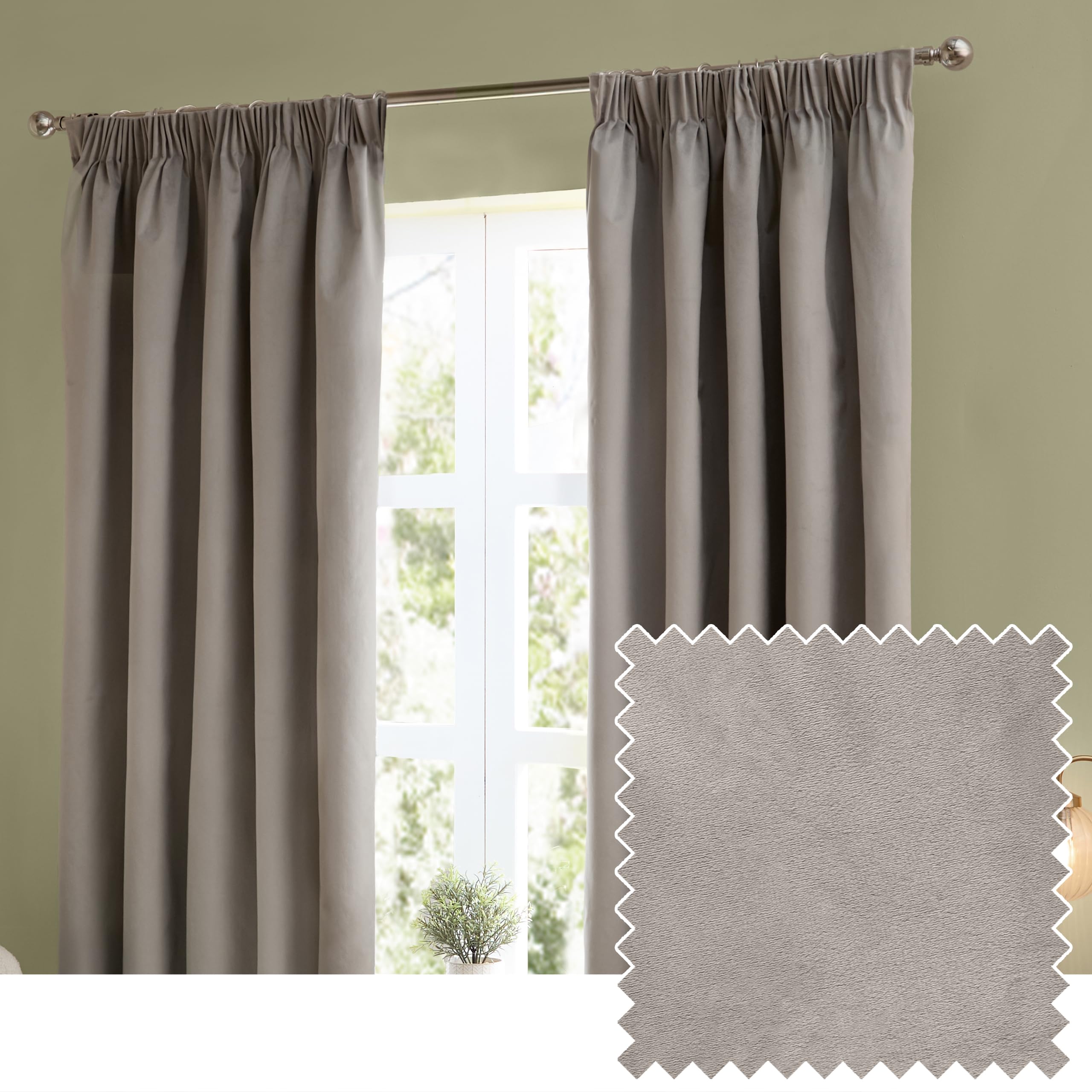 furn. The Ultimate Velvet Pencil Pleat Curtain Pair – Soft Stylish Room Darkening Matte Velvet Drapes (Silver - 117x137cm)