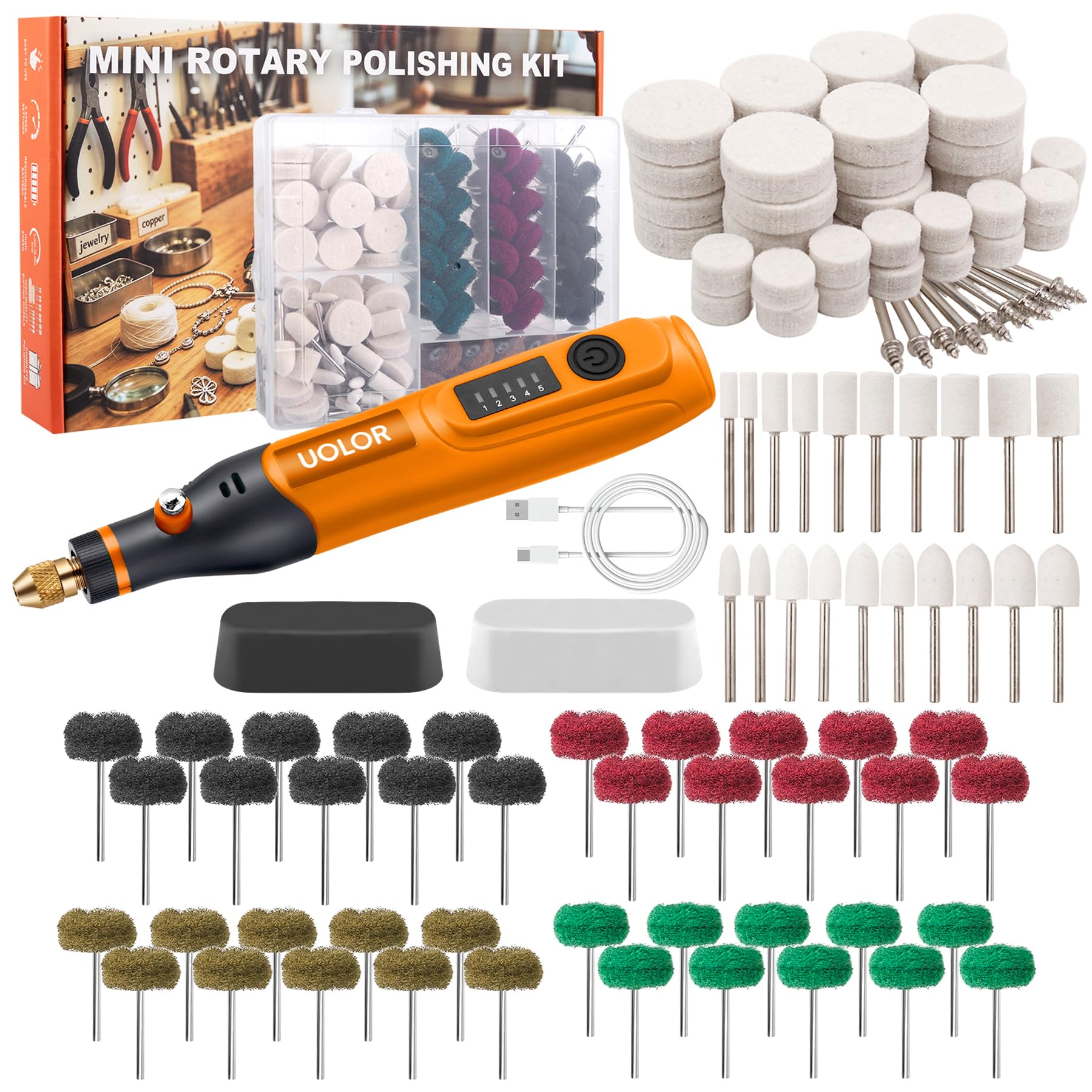 Uolor 145PCS Cordless Polishing Buffing Wheels Kit, Polishing Tool Kit with 100 Wool Buffing Wheels, 40 Abrasive Pads, 5 Variable Speeds 5000-20000RPM, USB-C Rechargeable Rotary Polisher