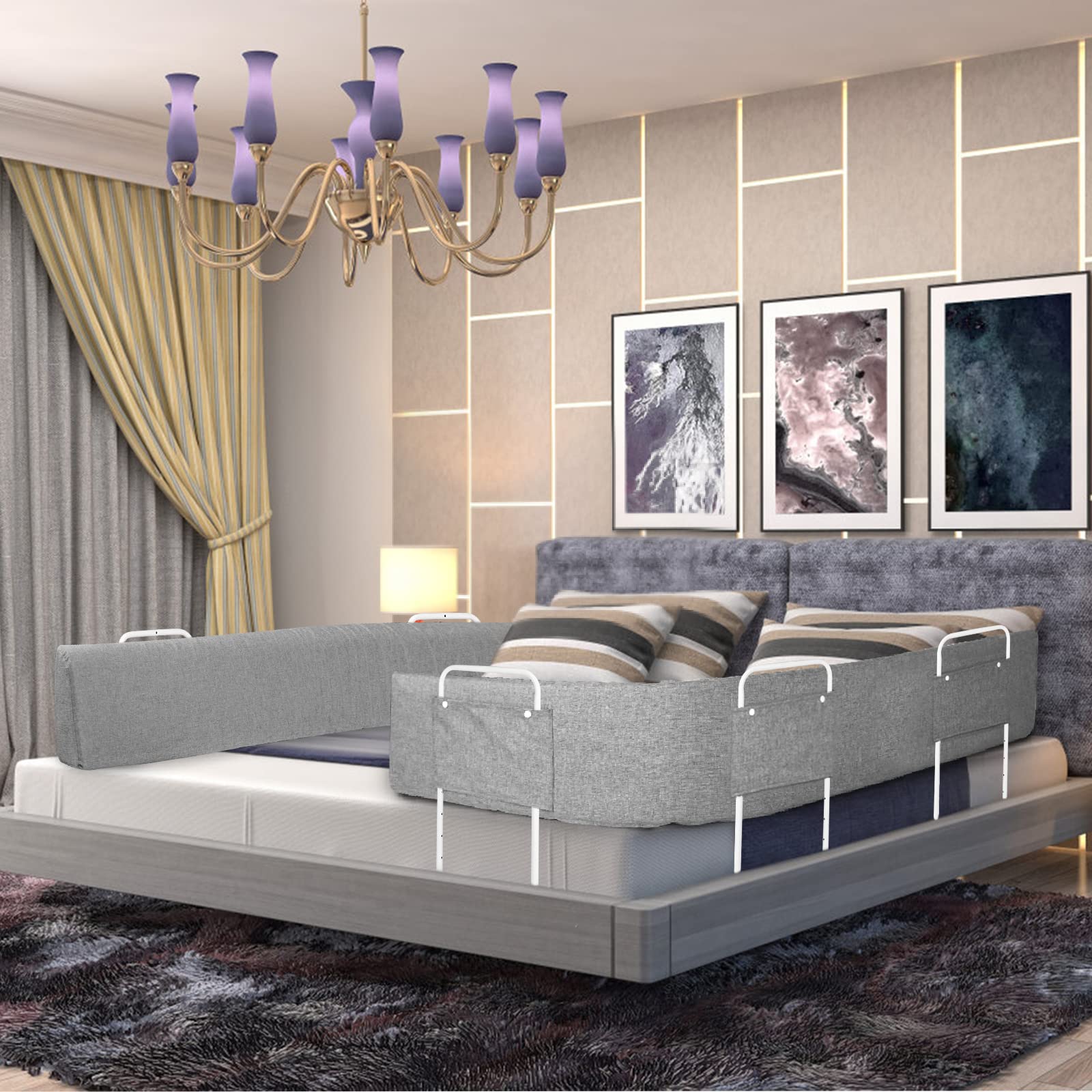 UISEBRT Barrera de Seguridad 200 cm, Barrera de Cama para bebé, protección contra caídas, Altura Ajustable, Barandilla Protectora de Cama deformables para niños y bebés, Gris