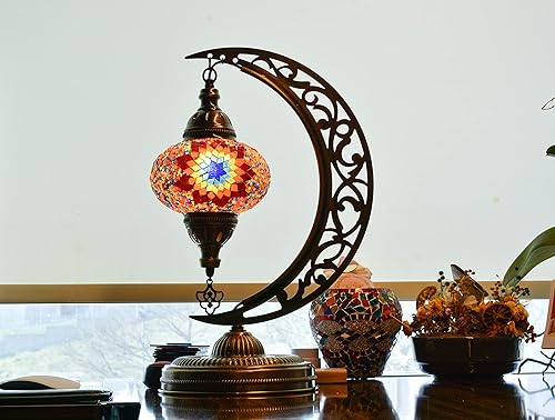 Miniatura 3 de mozaist Lámpara de mesa con forma de luna estilo Tiffany turco, mosaico marroquí, lámpara de escritorio artesanal con mosaico marroquí, comedor de
