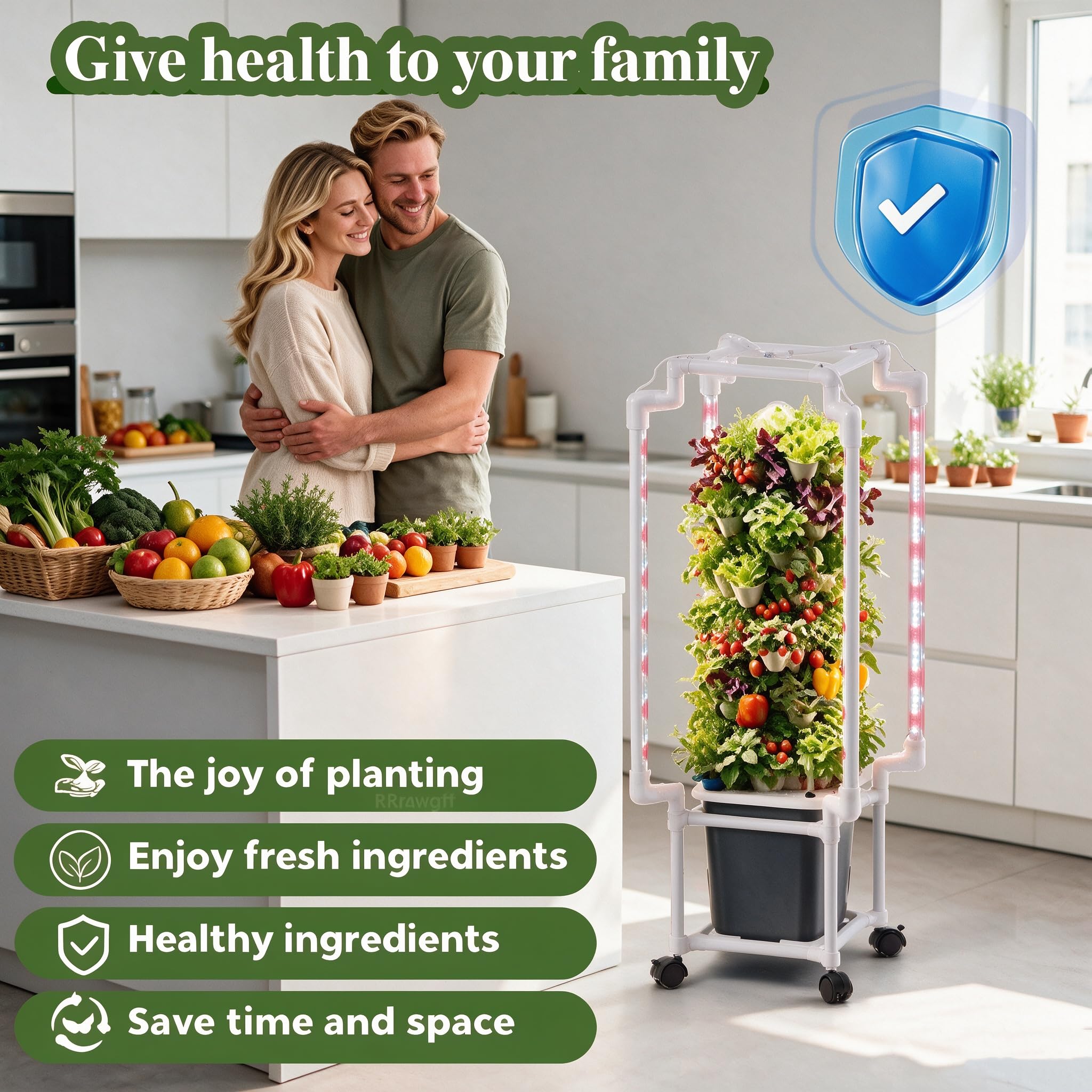 Kit de Cultivo Hidropónico, Sistema de Torre Hidropónica de 5 Niveles 30 Agujeros, con Luces de Crecimiento Control por App Ruedas Bomba de Agua, Depósito de 10 L, para Hierbas Frutas Vegetales