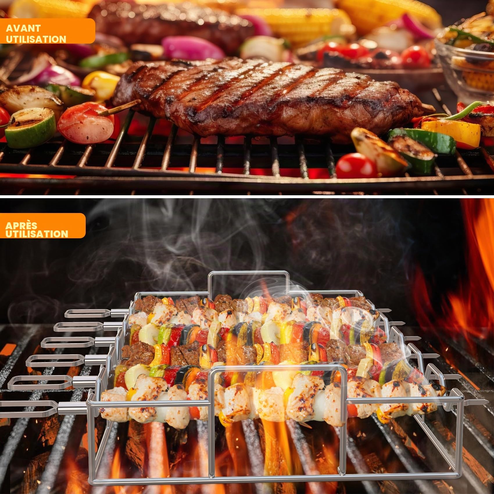 onlyfire Set de Brochettes pour Barbecue en Acier Inoxydable, Pic Brochette INOX avec Support, 6 Brochettes à Viande, Brochettes de Grillades pour Barbecue et Grille, pour Viande et Légumes